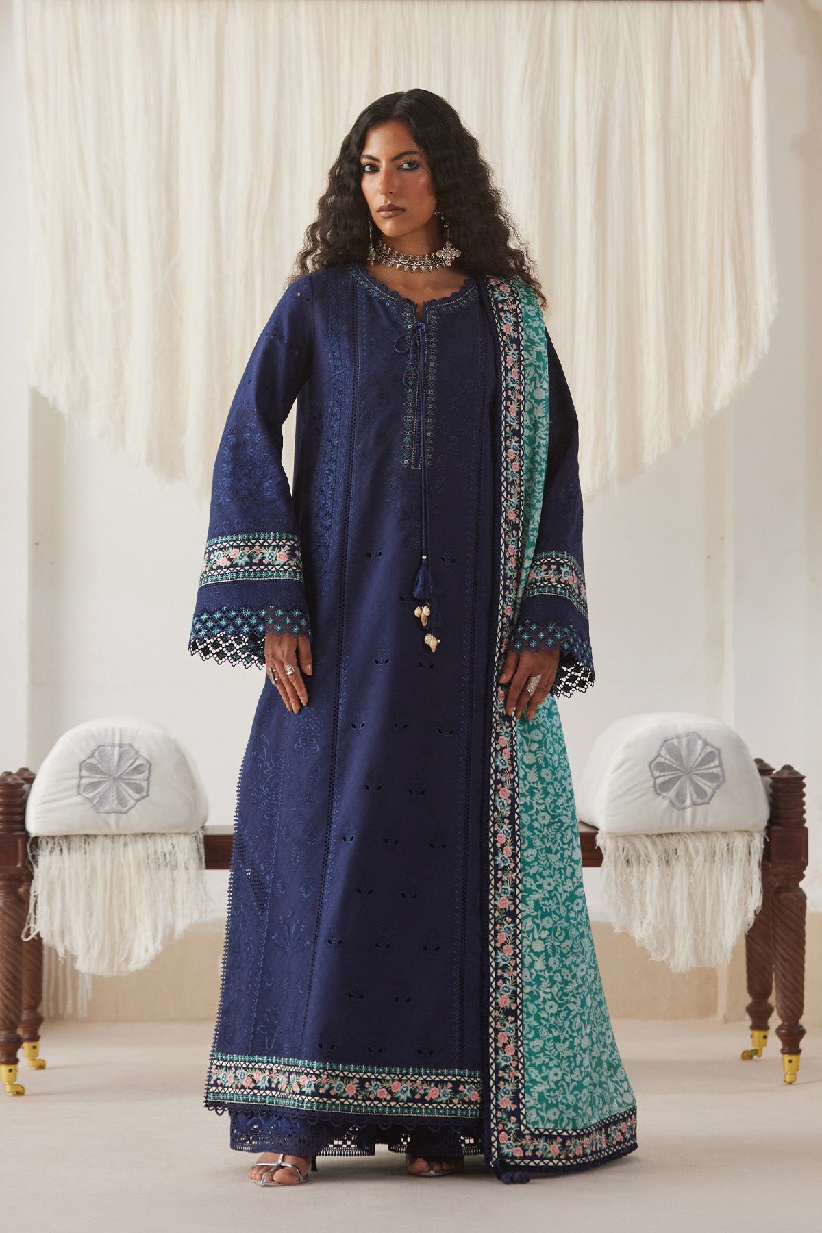 Saad Bin Shahzad Rua – navy blue embroidered lawn long kurta with turquoise silk dupatta from Depalpur – view 4
