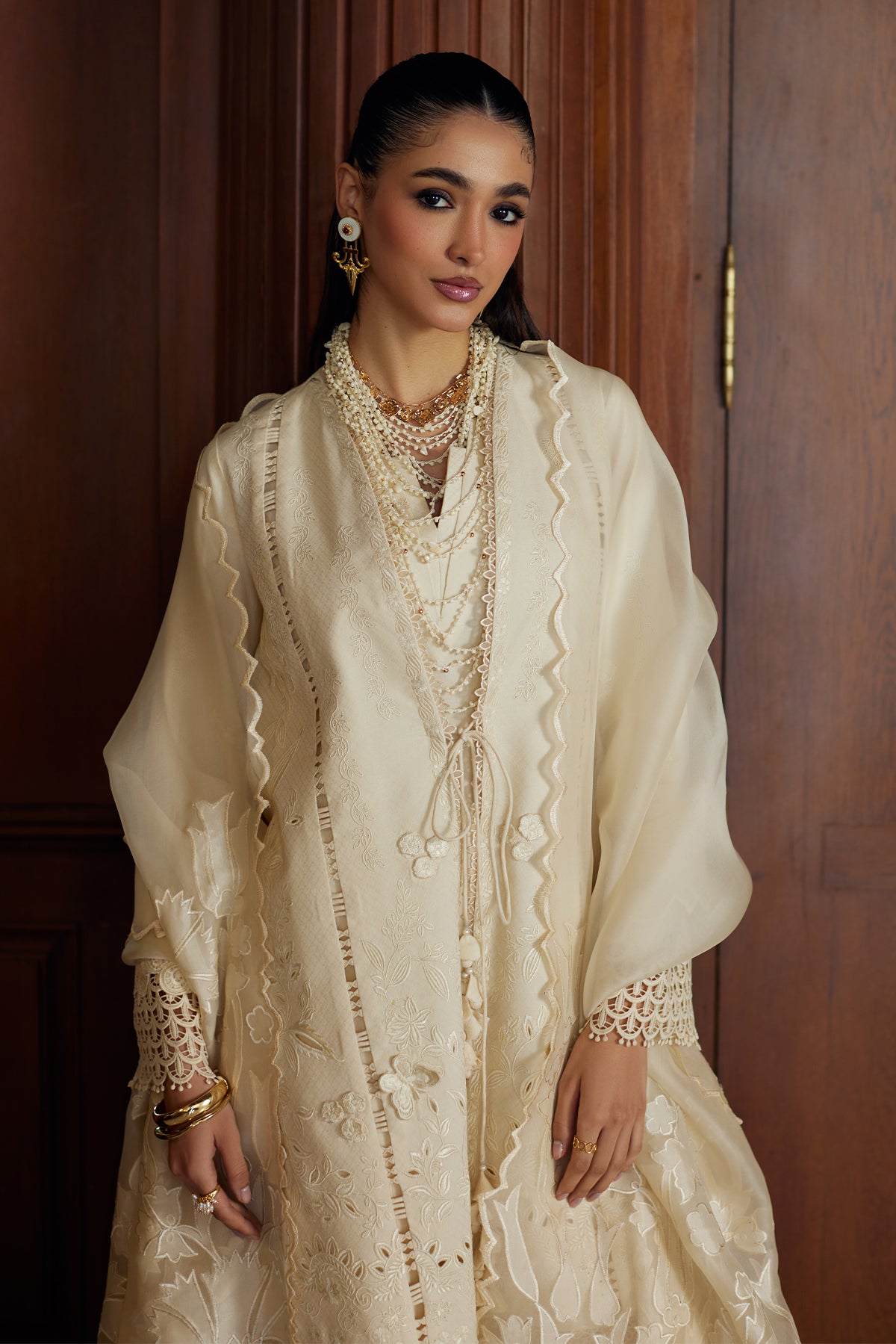 Saad Bin Shahzad Liza – off-white 3D resham-embroidered lawn front-open kurta with schiffli pants from Summer Pret'2 – view 3