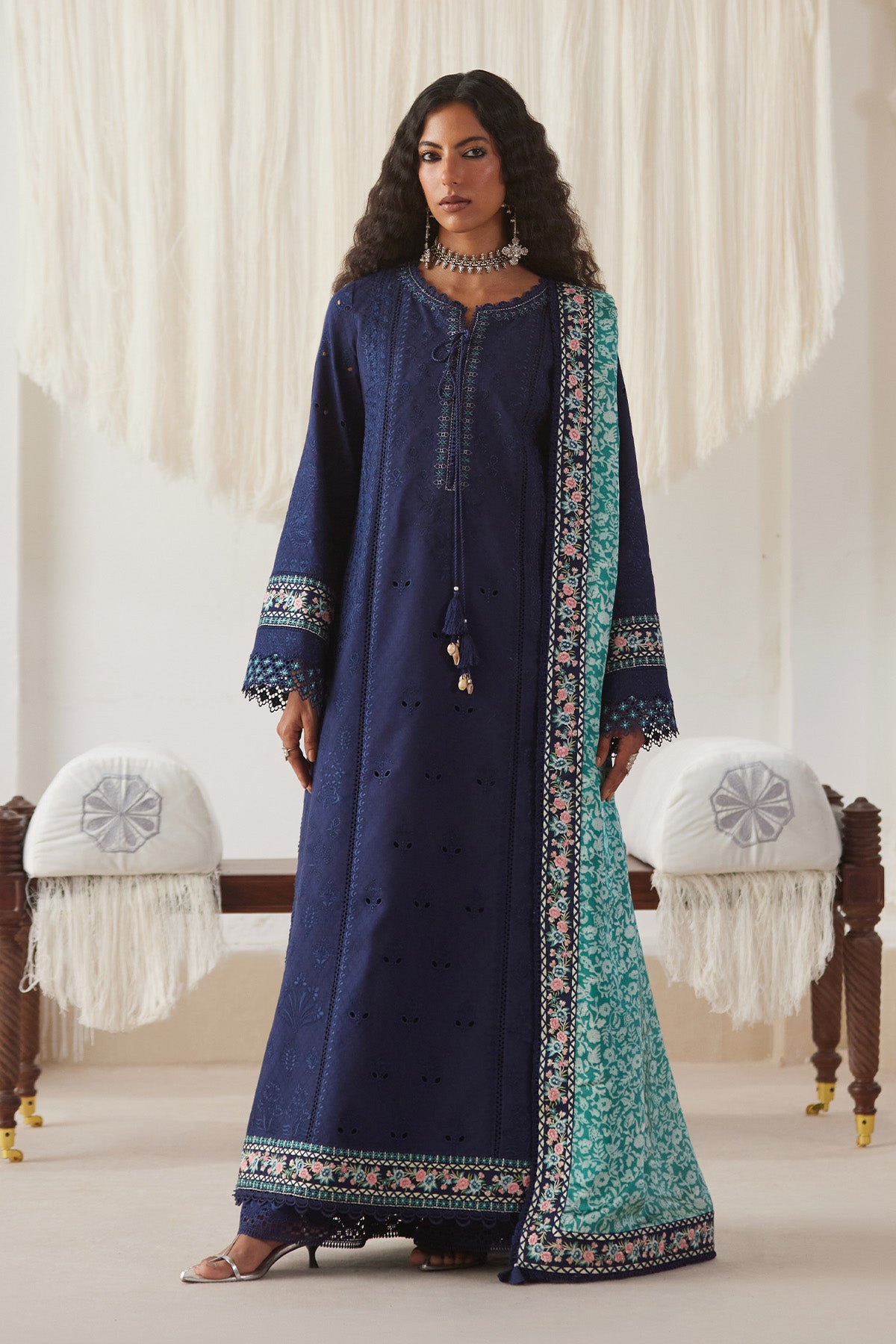 Saad Bin Shahzad Rua – navy blue embroidered lawn long kurta with turquoise silk dupatta from Depalpur