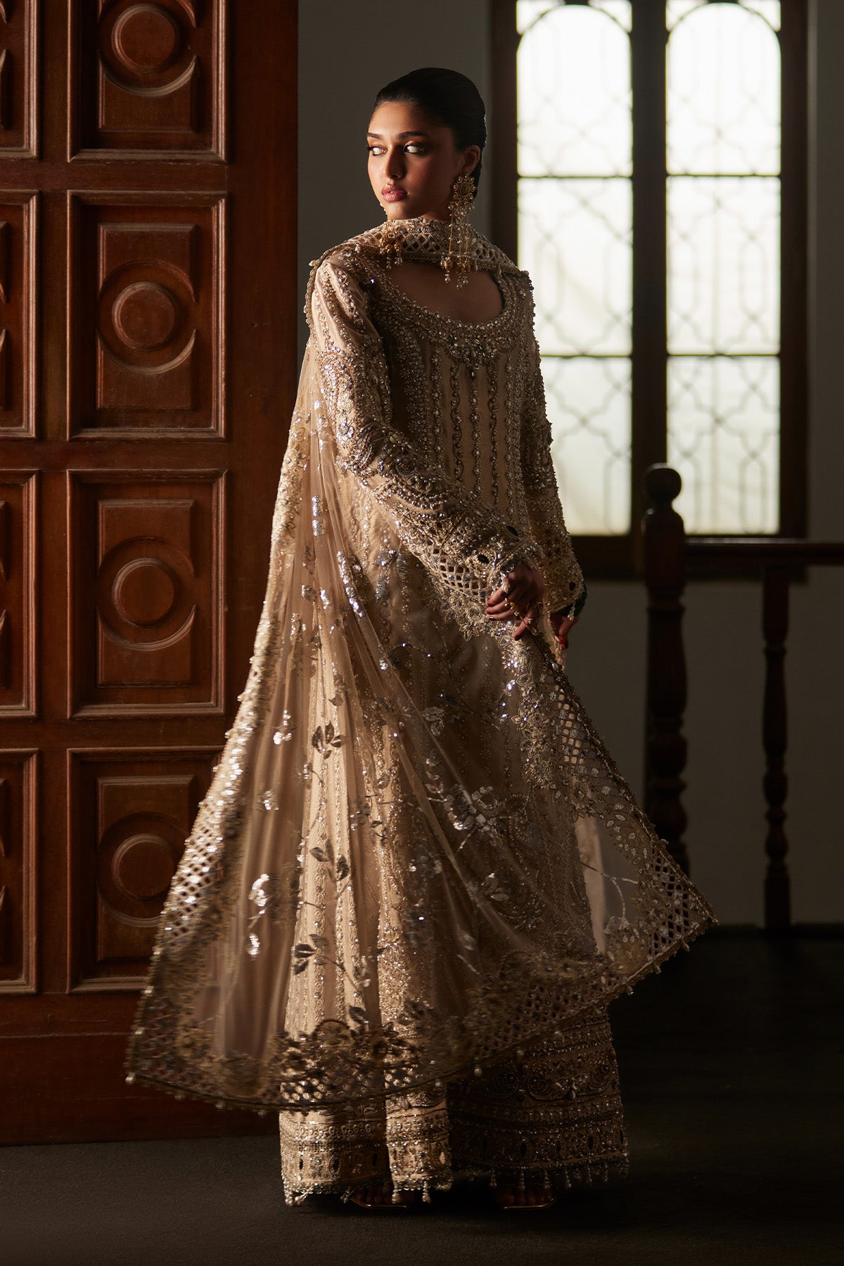 Saad Bin Shahzad Zely – champagne zardozi and sheesha tissue long kurta with culottes from El Veneto Luxury Formals – view 6