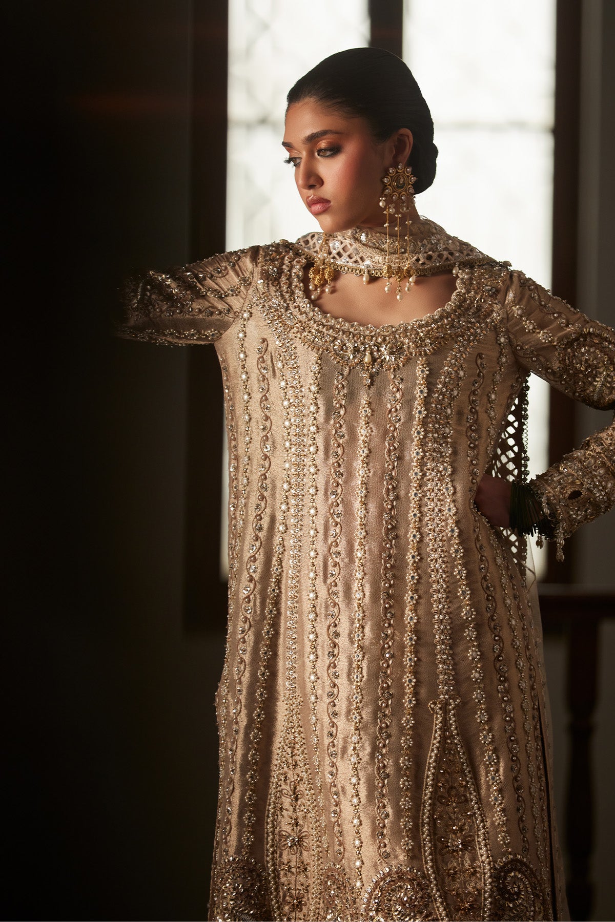 Saad Bin Shahzad Zely – champagne zardozi and sheesha tissue long kurta with culottes from El Veneto Luxury Formals – view 9