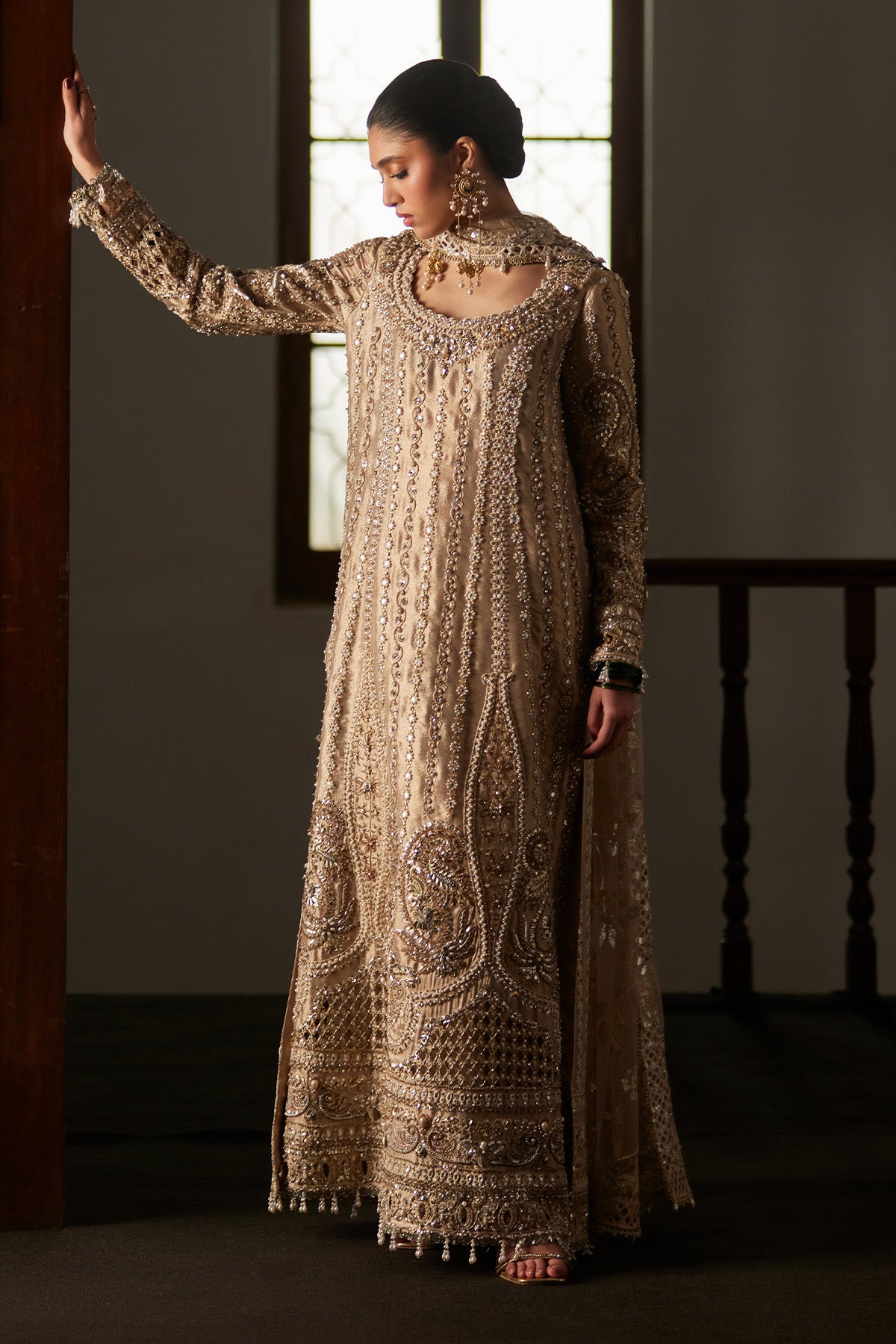 Saad Bin Shahzad Zely – champagne zardozi and sheesha tissue long kurta with culottes from El Veneto Luxury Formals – view 4
