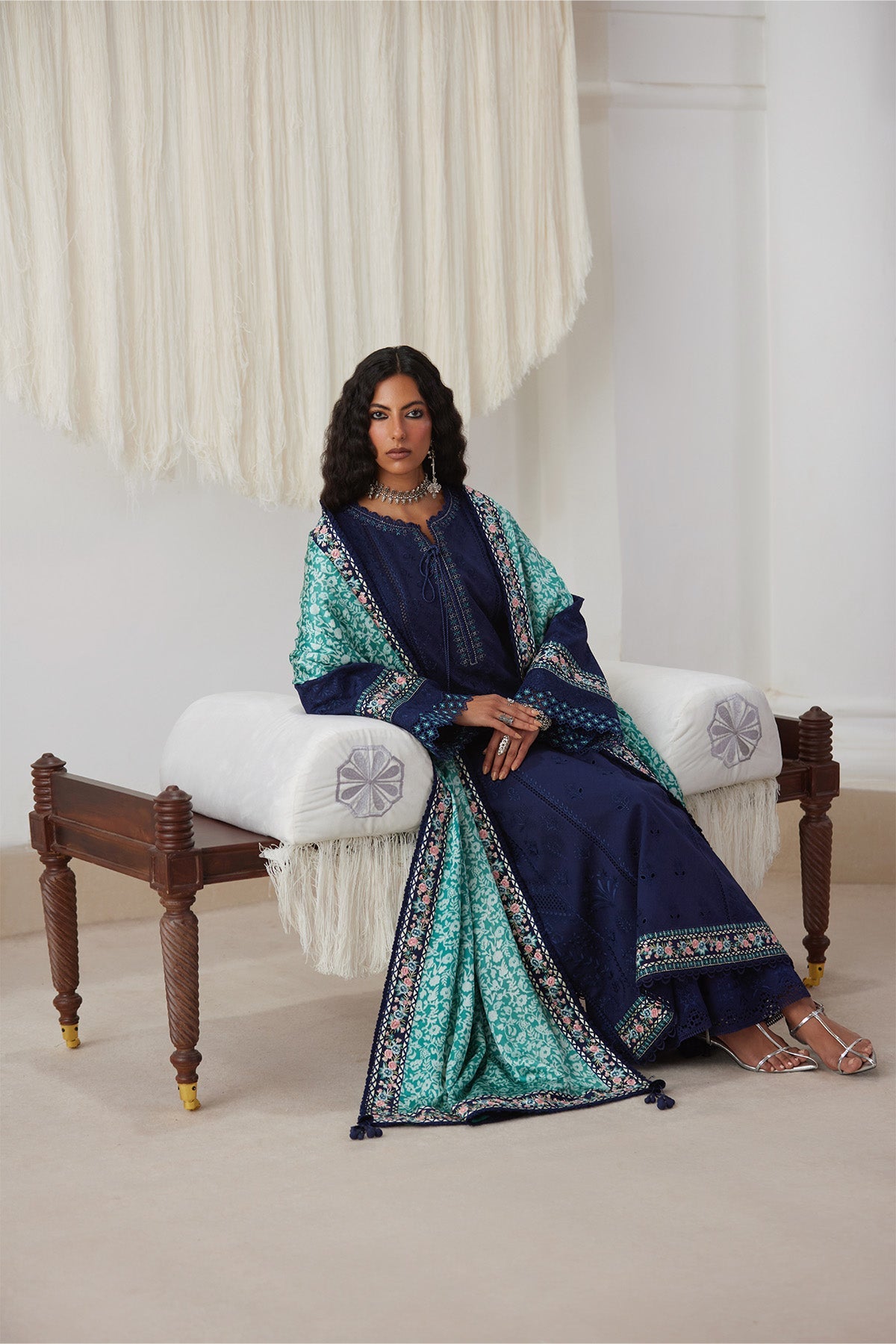 Saad Bin Shahzad Rua – navy blue embroidered lawn long kurta with turquoise silk dupatta from Depalpur – view 5