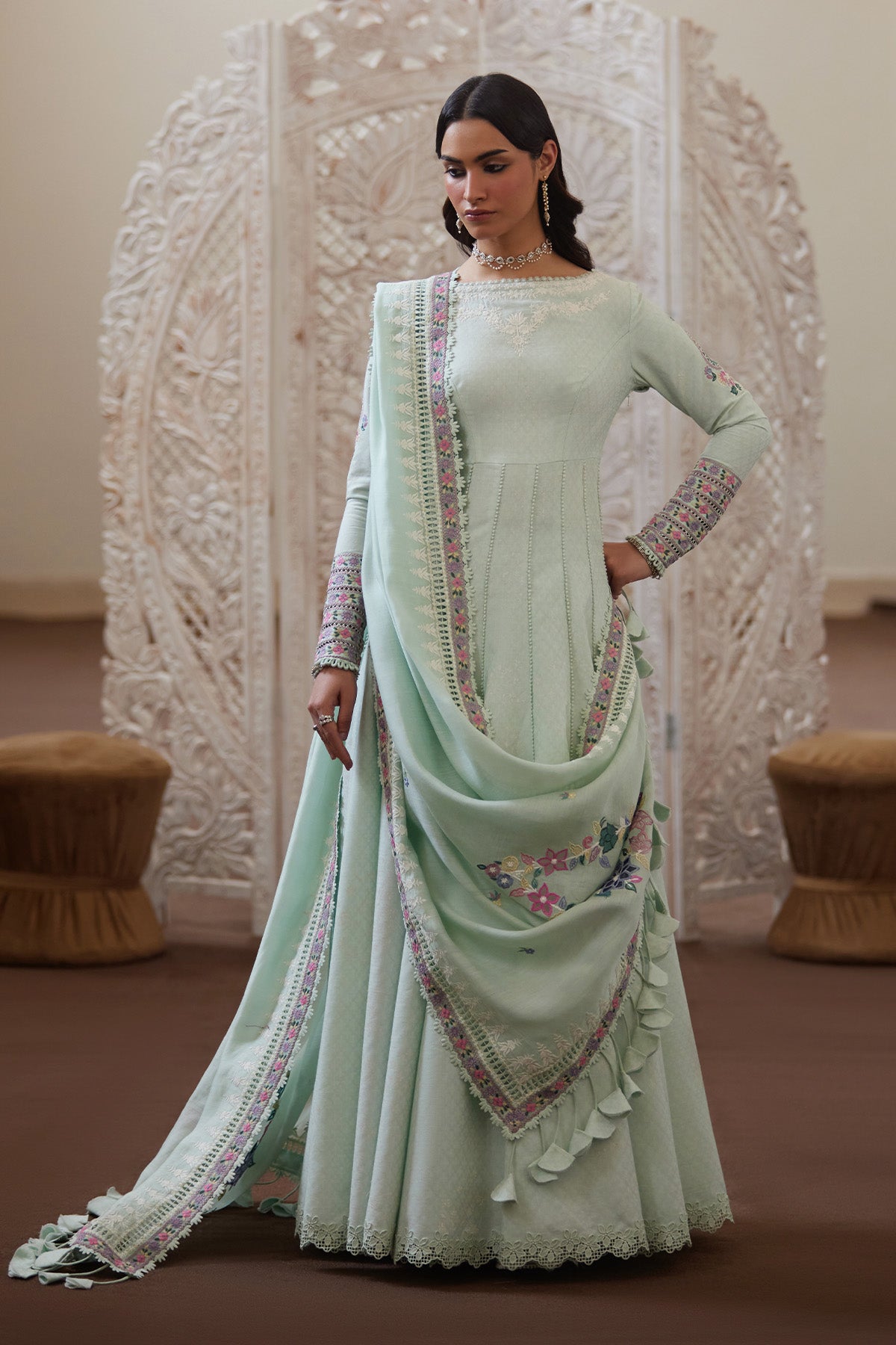 Saad Bin Shahzad Shirin – light seafoam green embroidered textured lawn pishwas from Depalpur – view 4
