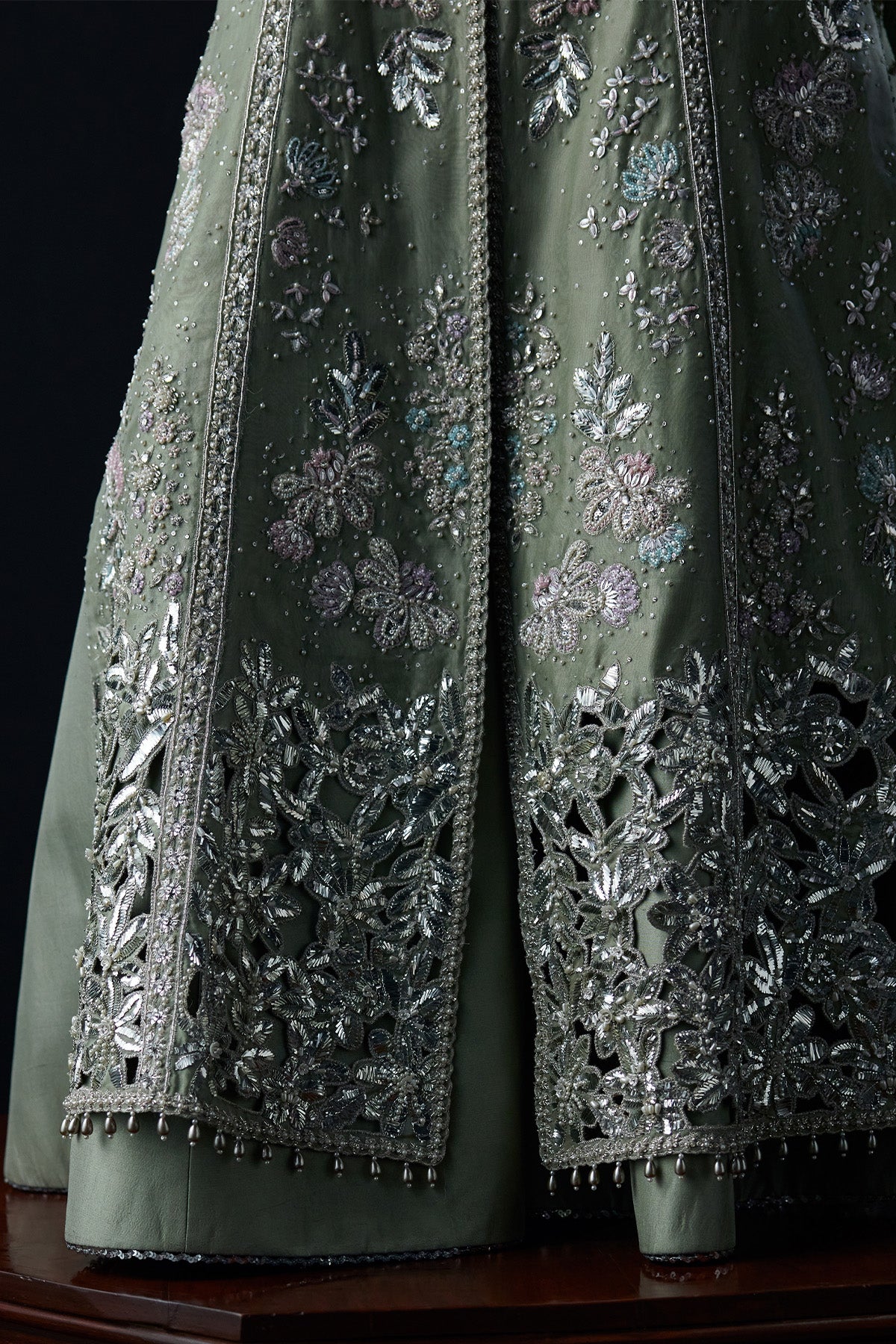 Saad Bin Shahzad Emira – sage green mukesh and zardozi front-open gown from Chandni Bridal'26 – view 8