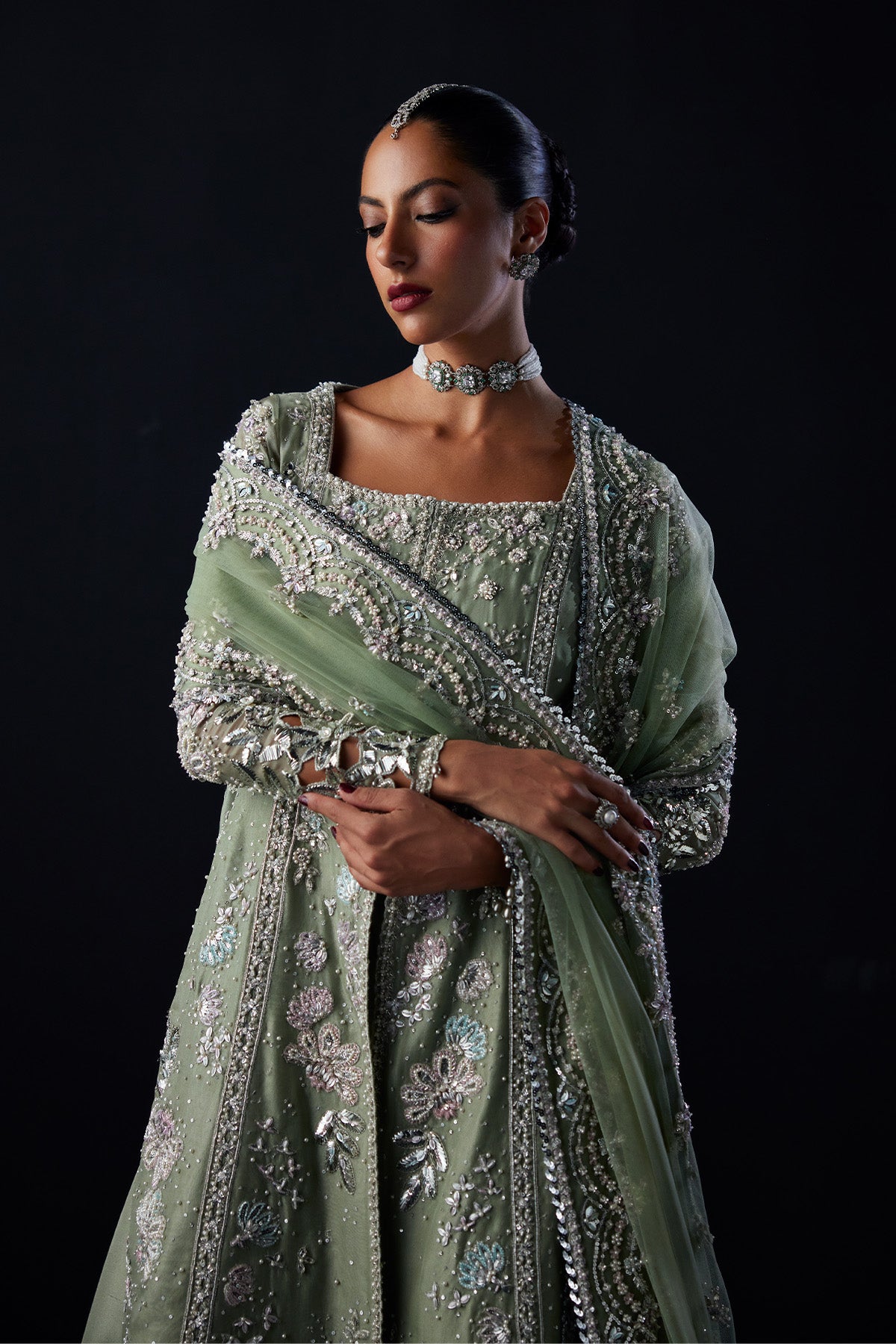 Saad Bin Shahzad Emira – sage green mukesh and zardozi front-open gown from Chandni Bridal'26 – view 7