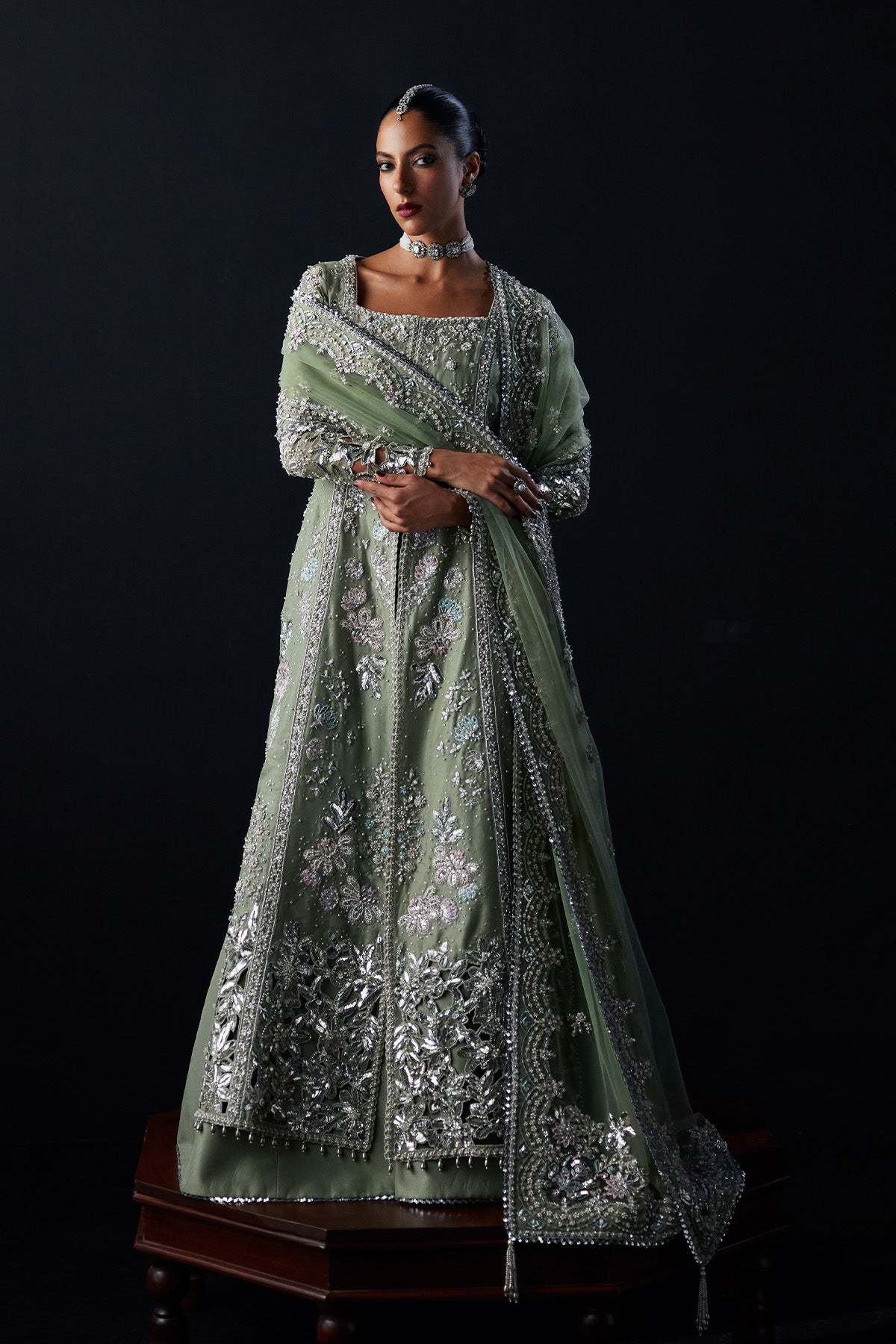 Saad Bin Shahzad Emira – sage green mukesh and zardozi front-open gown from Chandni Bridal'26 – view 6