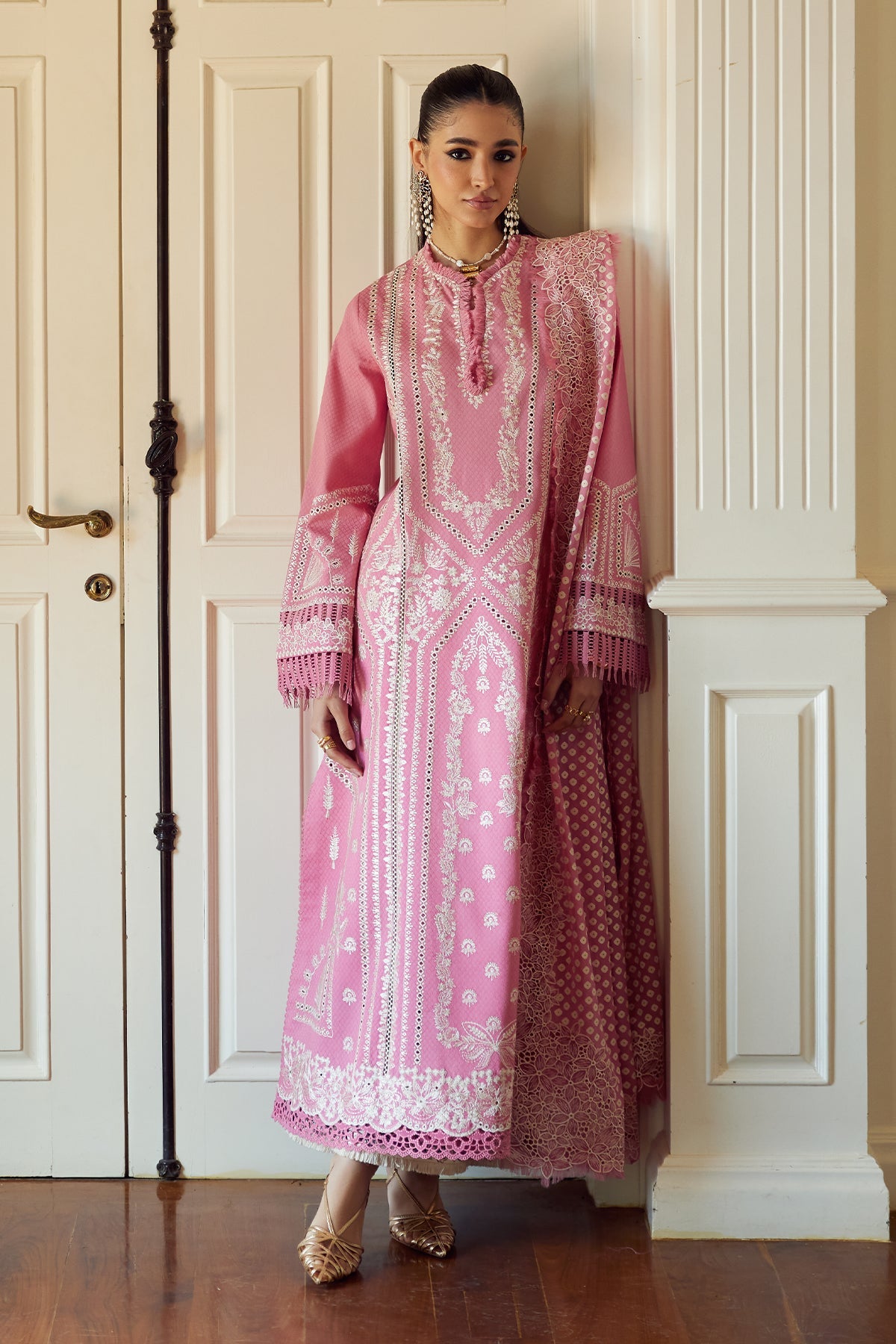 Saad Bin Shahzad Nazli – candy pink boring-embroidered lawn kurta with chunri chiffon dupatta from Summer Pret'26