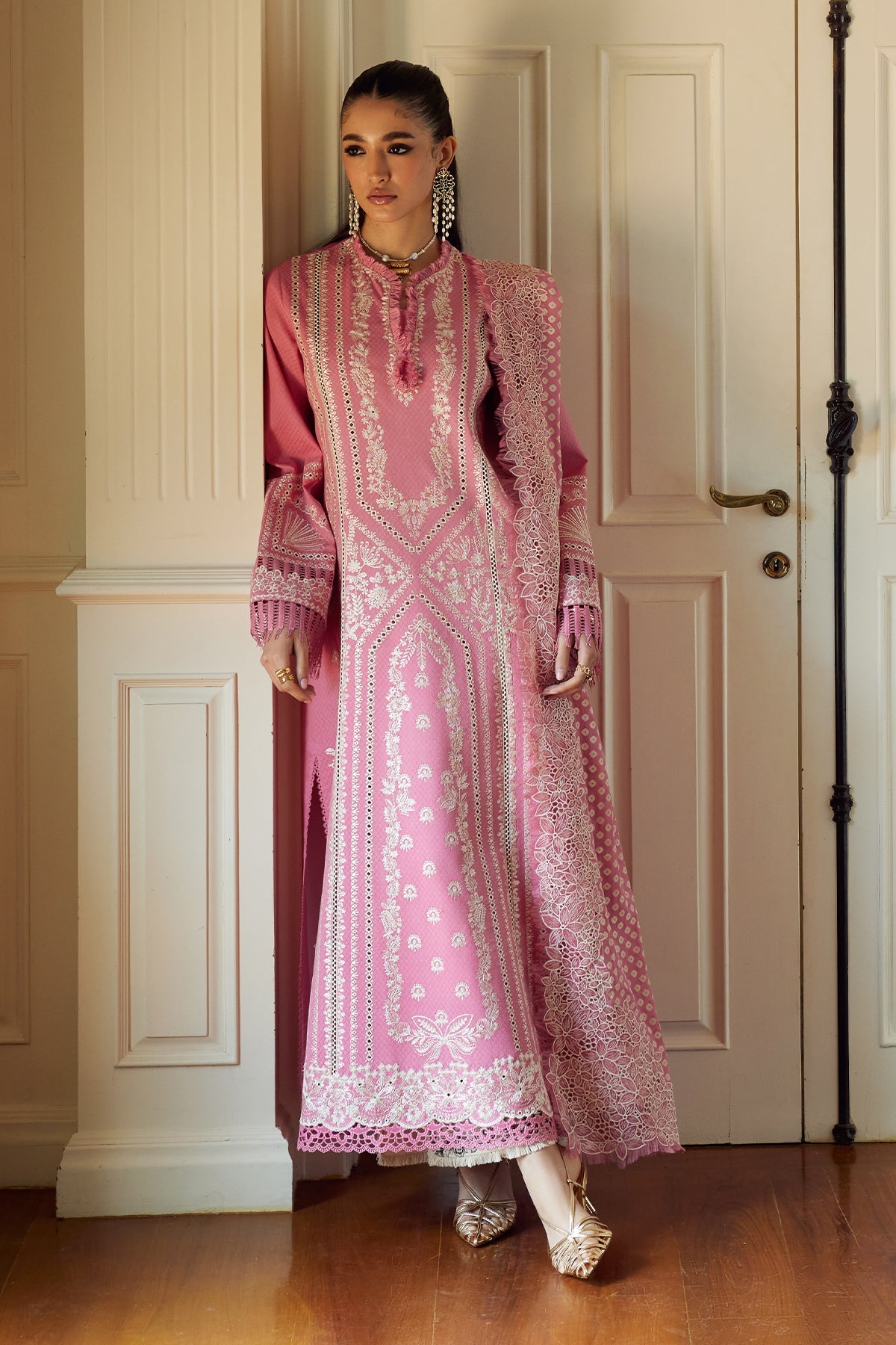 Saad Bin Shahzad Nazli – candy pink boring-embroidered lawn kurta with chunri chiffon dupatta from Summer Pret'26 – view 2