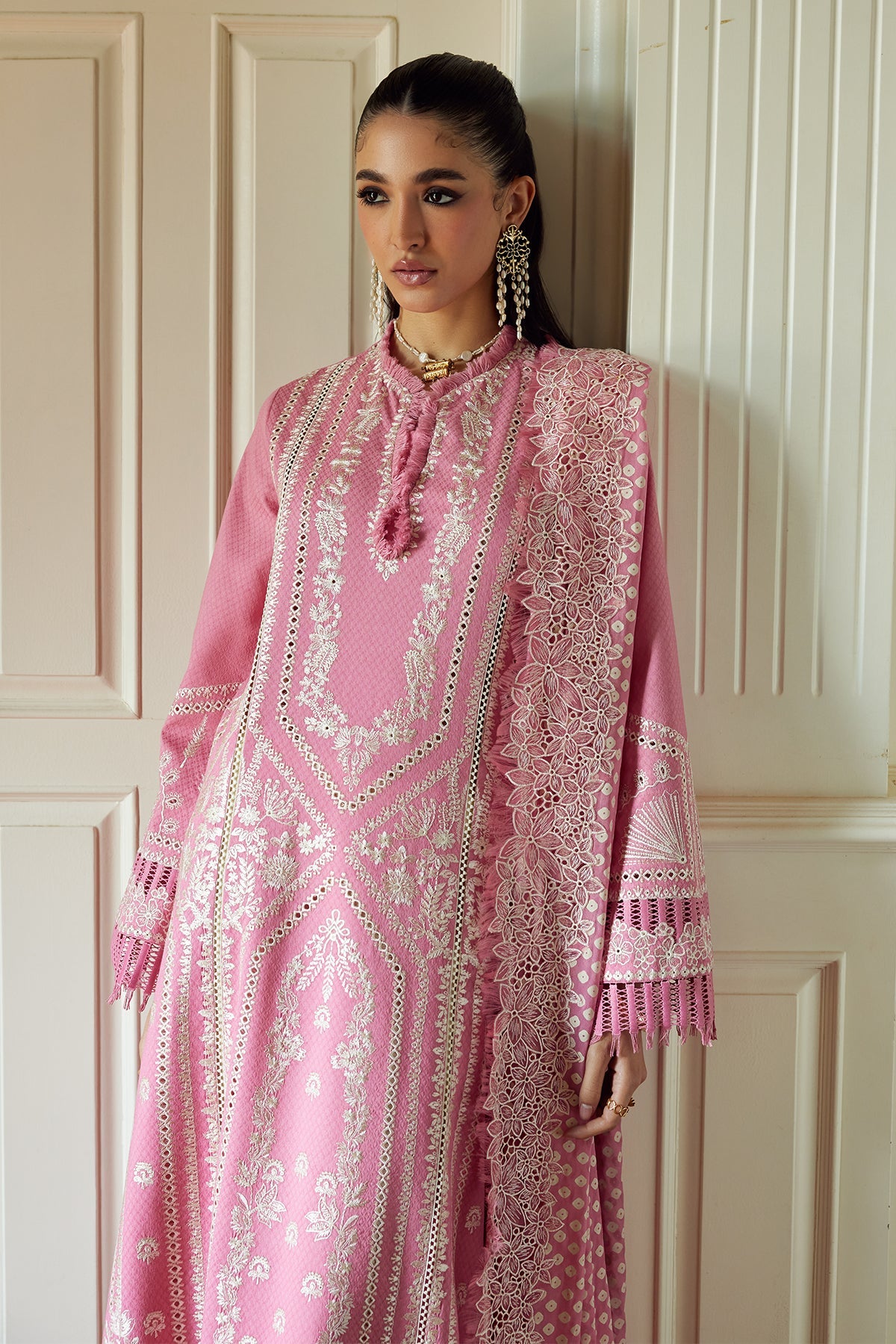 Saad Bin Shahzad Nazli – candy pink boring-embroidered lawn kurta with chunri chiffon dupatta from Summer Pret'26 – view 3