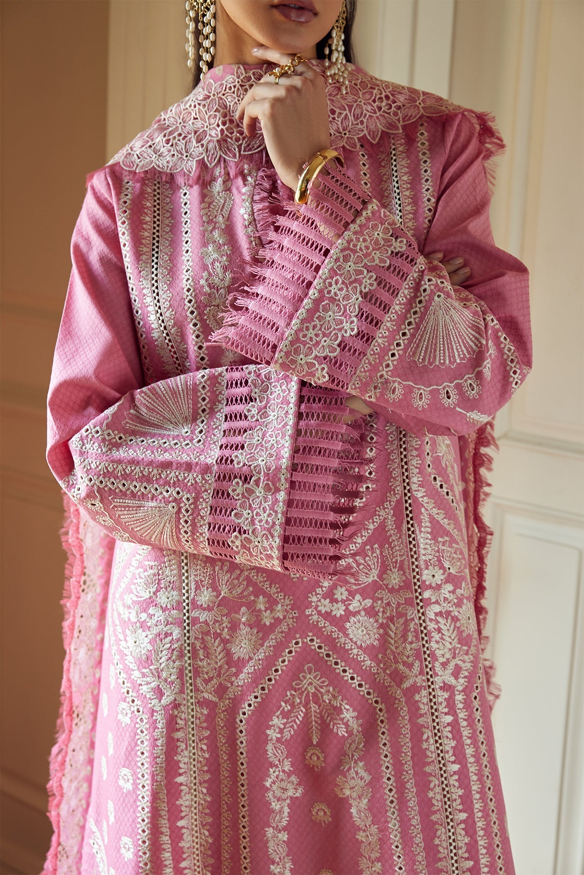Saad Bin Shahzad Nazli – candy pink boring-embroidered lawn kurta with chunri chiffon dupatta from Summer Pret'26 – view 4