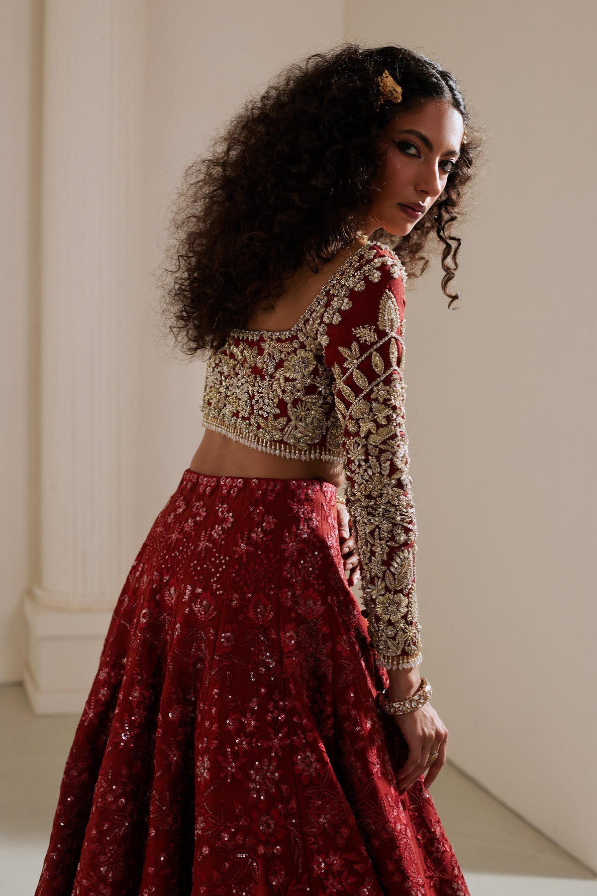 Saad Bin Shahzad Zoye – deep rust self-embroidered lehenga choli with golden hammer work from Lolita'25 – view 6