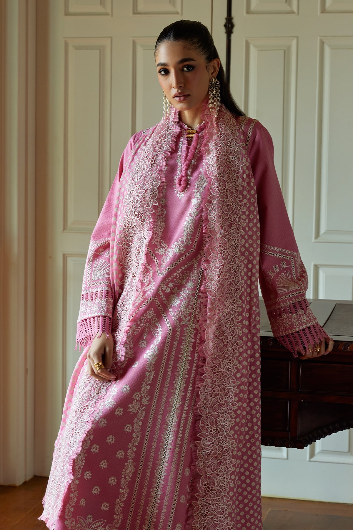 Saad Bin Shahzad Nazli – candy pink boring-embroidered lawn kurta with chunri chiffon dupatta from Summer Pret'26 – view 9