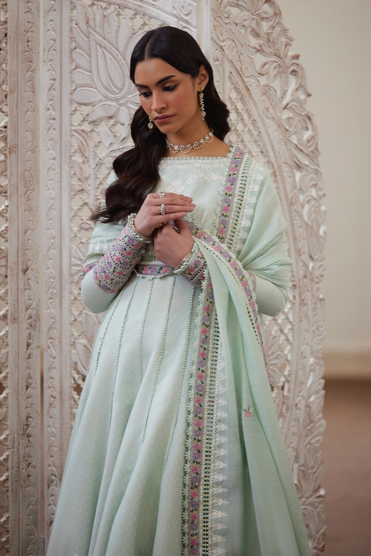 Saad Bin Shahzad Shirin – light seafoam green embroidered textured lawn pishwas from Depalpur – view 5