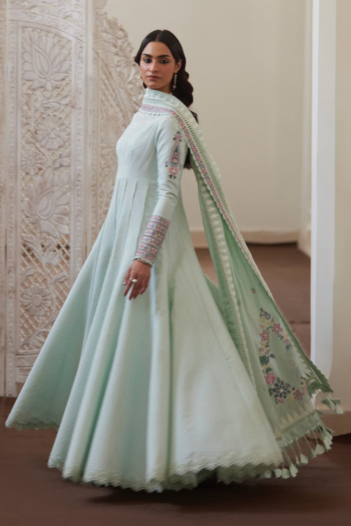 Saad Bin Shahzad Shirin – light seafoam green embroidered textured lawn pishwas from Depalpur – view 6