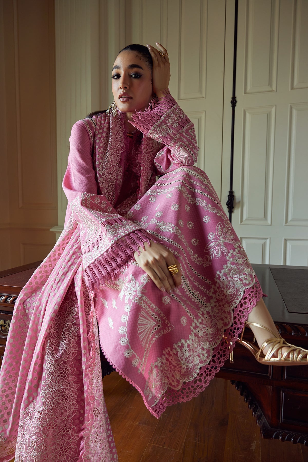 Saad Bin Shahzad Nazli – candy pink boring-embroidered lawn kurta with chunri chiffon dupatta from Summer Pret'26 – view 8