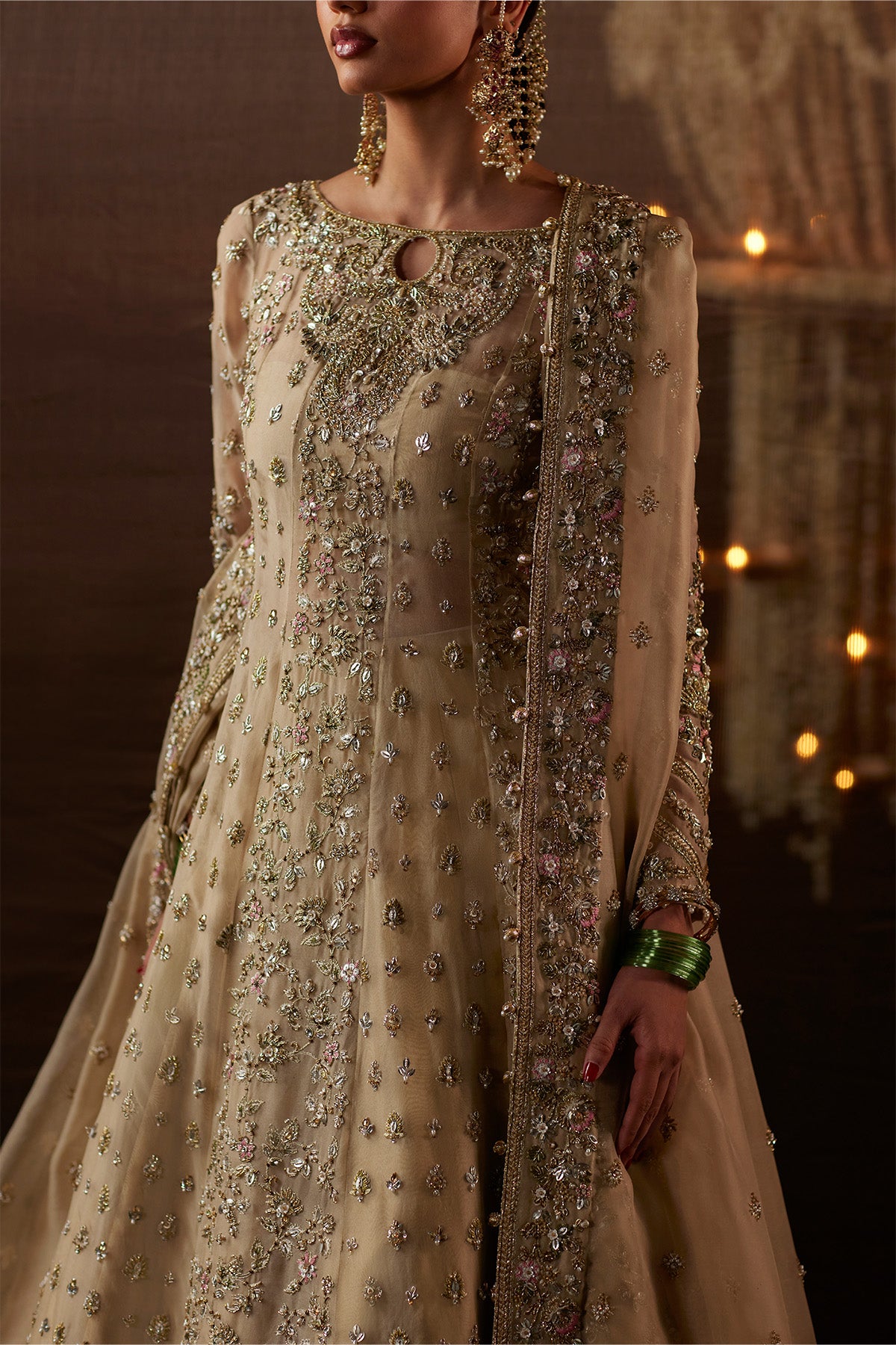 Saad Bin Shahzad Arwa – beige zardozi kalidar pishwas with lehenga from Chandni Bridal'26 – view 4