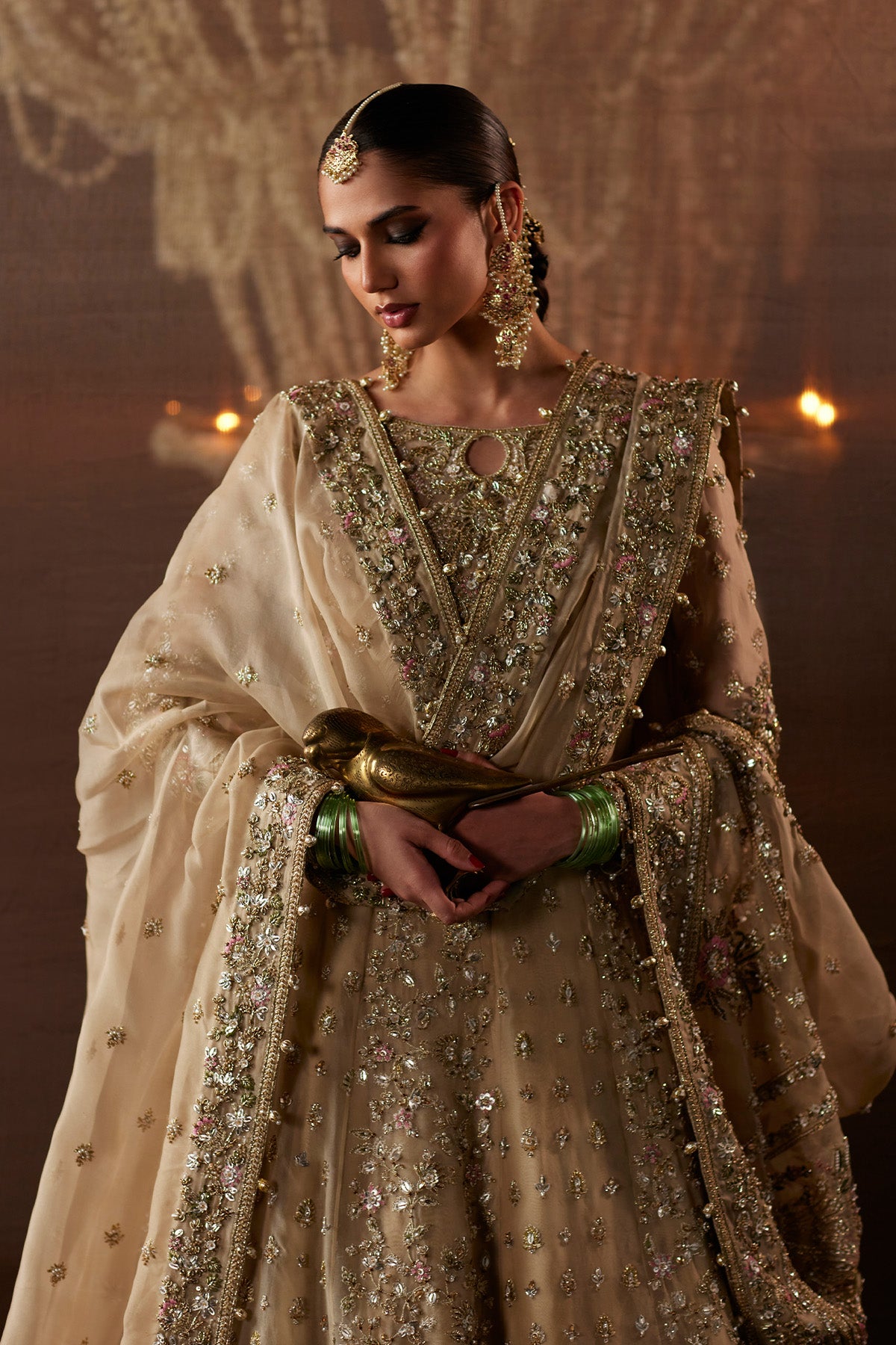 Saad Bin Shahzad Arwa – beige zardozi kalidar pishwas with lehenga from Chandni Bridal'26 – view 3