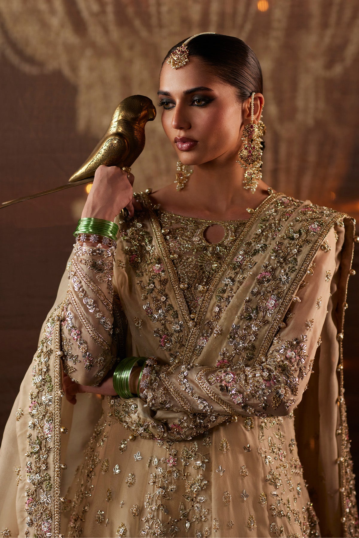 Saad Bin Shahzad Arwa – beige zardozi kalidar pishwas with lehenga from Chandni Bridal'26 – view 7