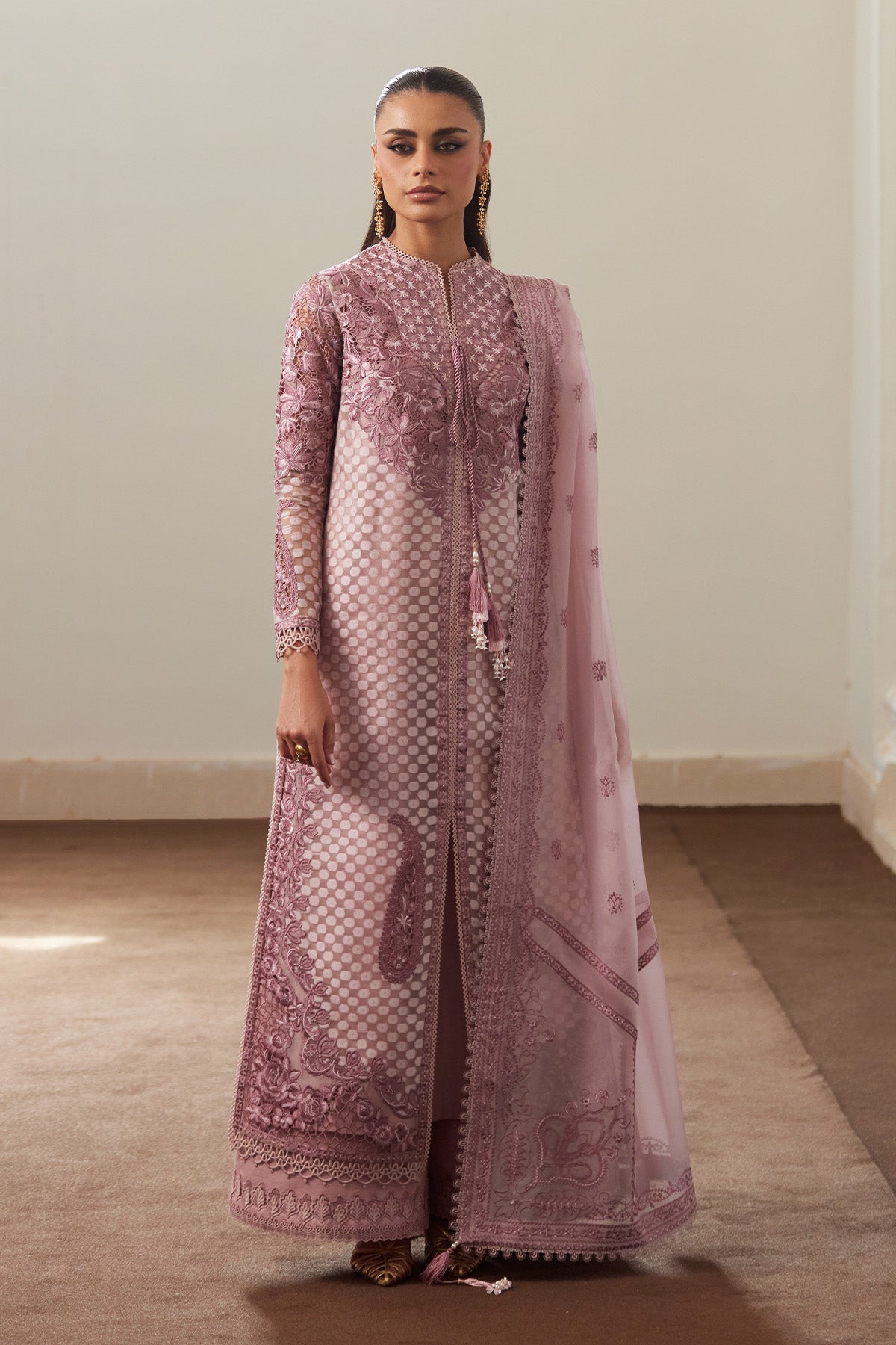Saad Bin Shahzad Ferisha – dusty rose pink cutwork cotton organza front-open kurta from Depalpur