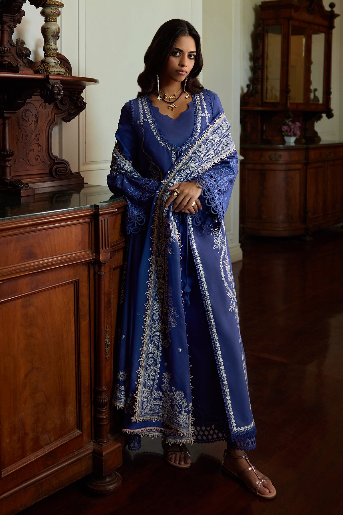 Saad Bin Shahzad Eslem – deep periwinkle embroidered lawn front-open kurta with chiffon dupatta from Summer Pret'26 – view 4