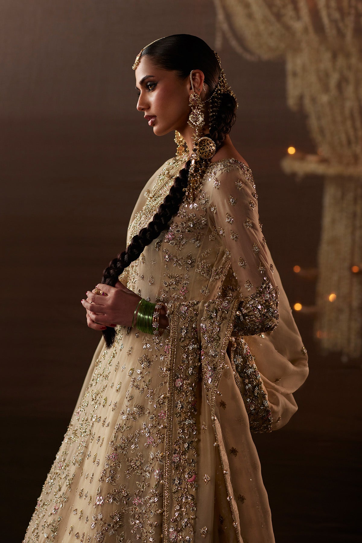 Saad Bin Shahzad Arwa – beige zardozi kalidar pishwas with lehenga from Chandni Bridal'26 – view 10