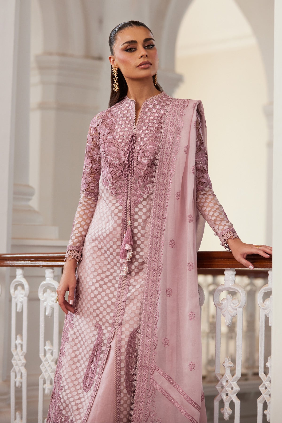 Saad Bin Shahzad Ferisha – dusty rose pink cutwork cotton organza front-open kurta from Depalpur – view 5
