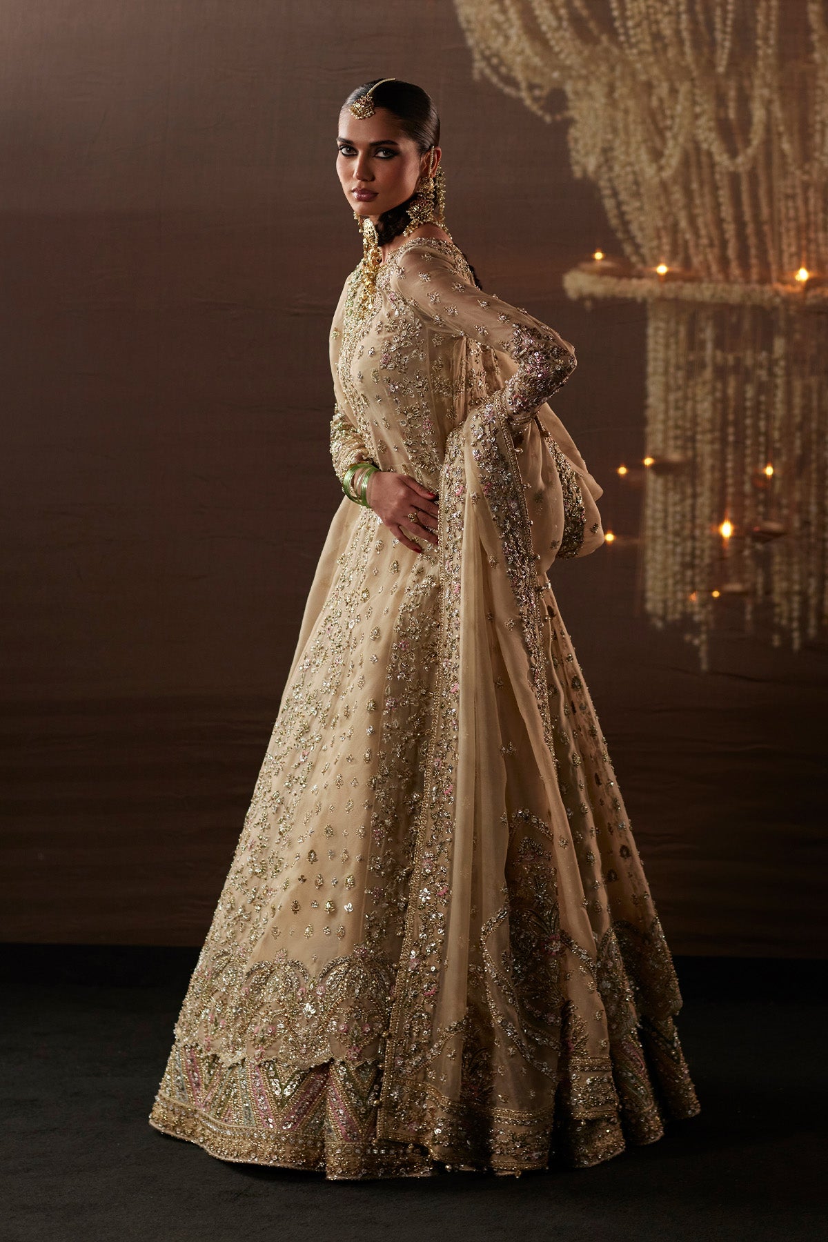Saad Bin Shahzad Arwa – beige zardozi kalidar pishwas with lehenga from Chandni Bridal'26 – view 5