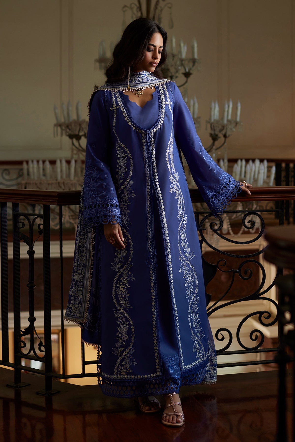 Saad Bin Shahzad Eslem – deep periwinkle embroidered lawn front-open kurta with chiffon dupatta from Summer Pret'26 – view 9