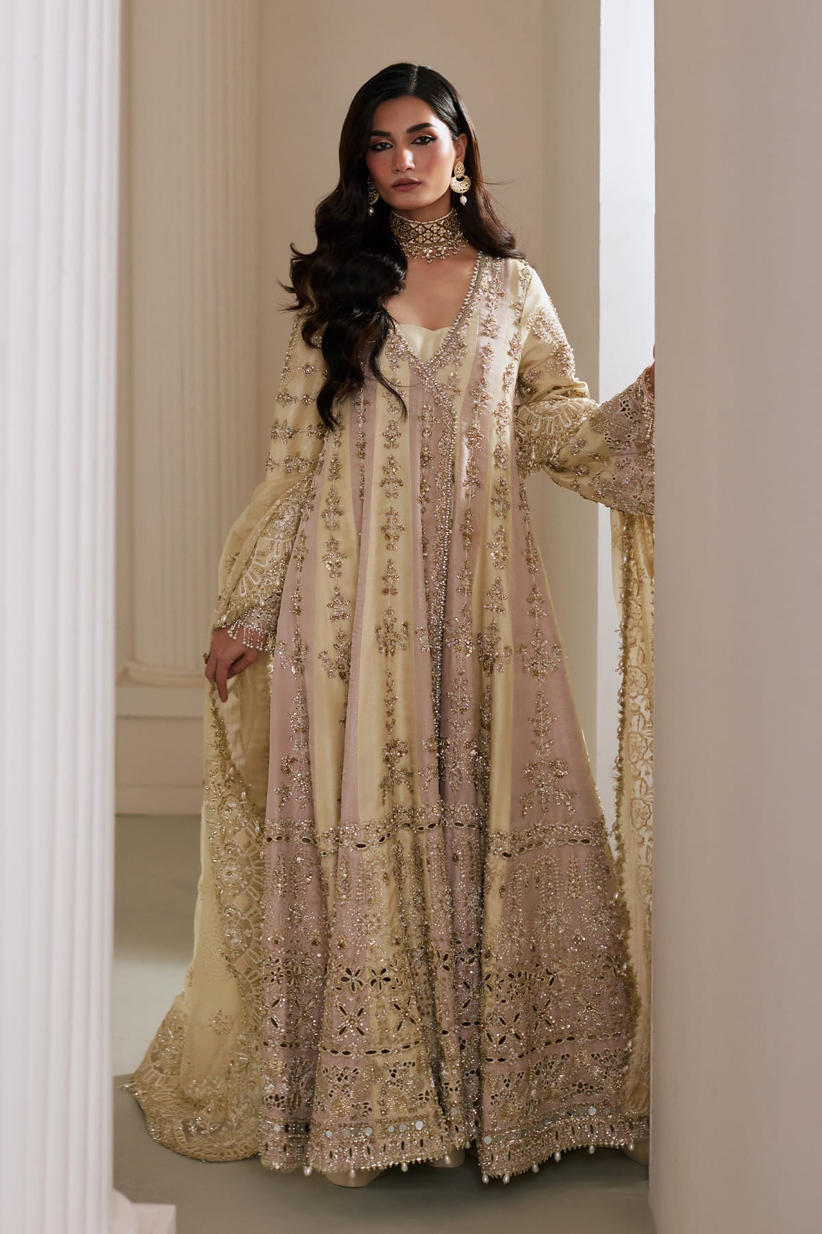 Saad Bin Shahzad Naira – butter yellow and pink hand-embellished kalidar with sharara from Lolita'25