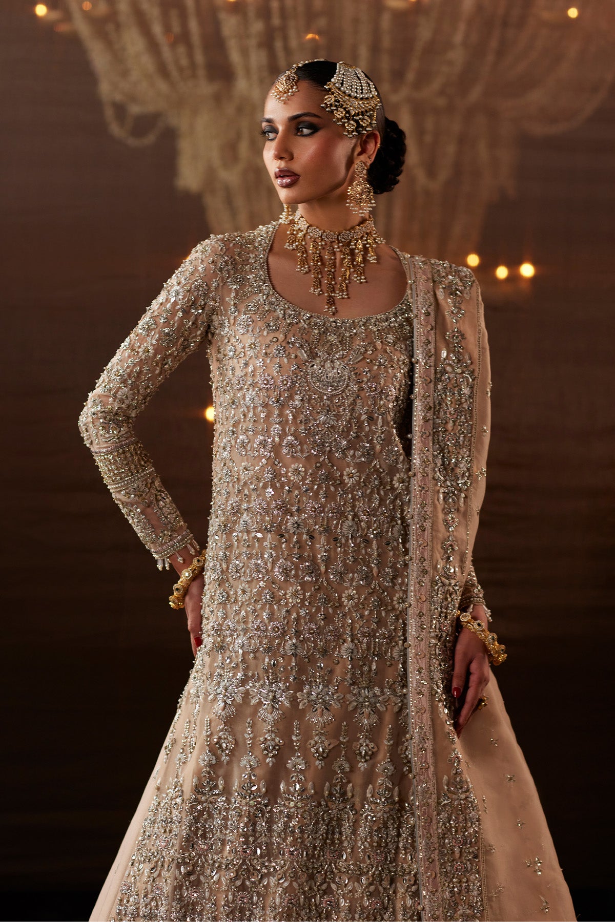 Saad Bin Shahzad Nour – peach zardozi long shirt with farshi lehenga from Chandni Bridal'26 – view 3
