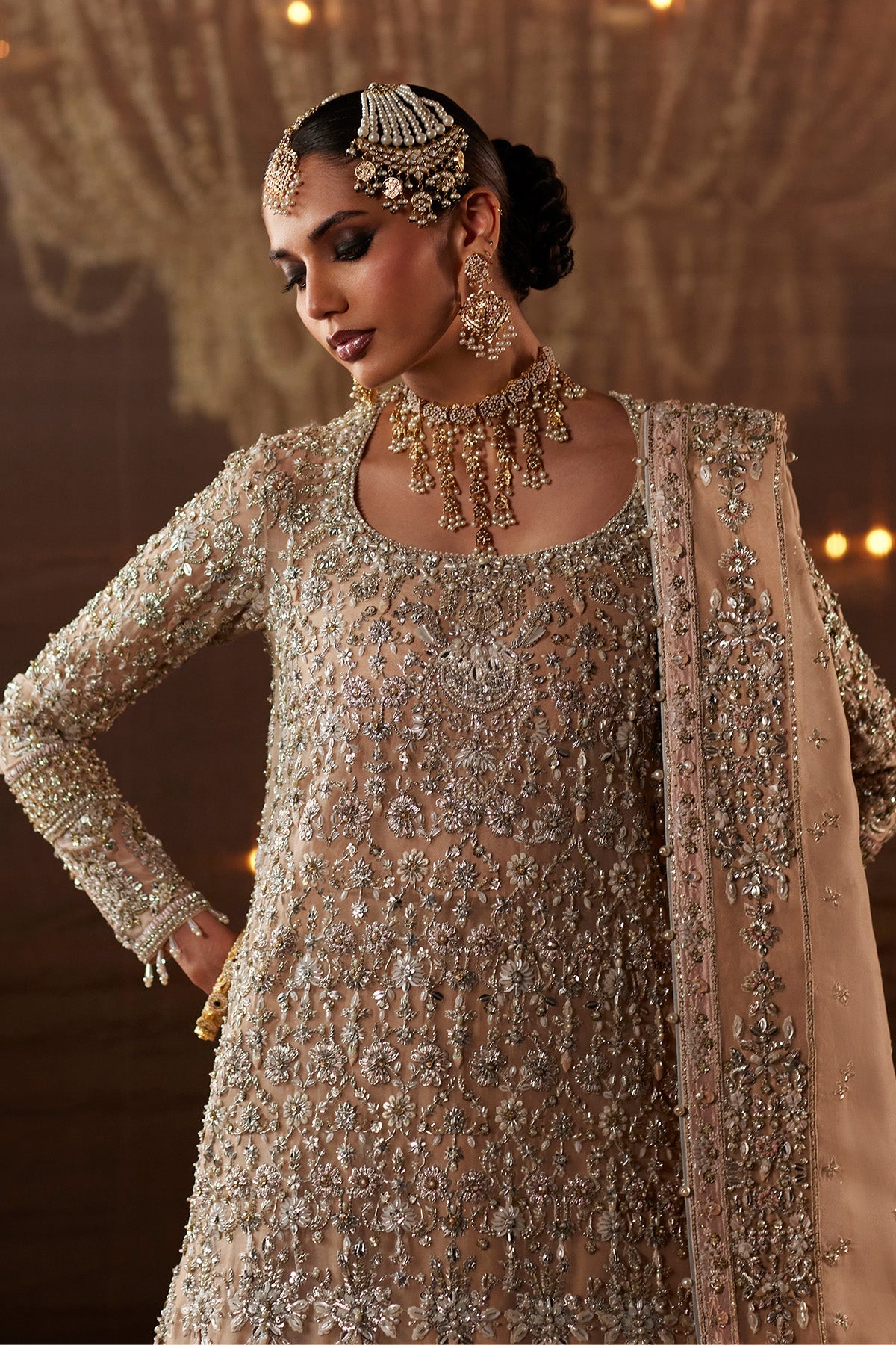 Saad Bin Shahzad Nour – peach zardozi long shirt with farshi lehenga from Chandni Bridal'26 – view 4
