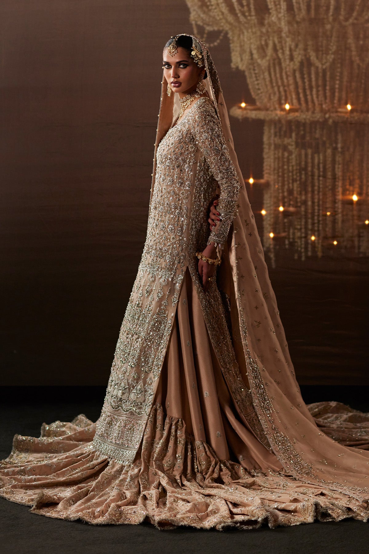 Saad Bin Shahzad Nour – peach zardozi long shirt with farshi lehenga from Chandni Bridal'26 – view 2