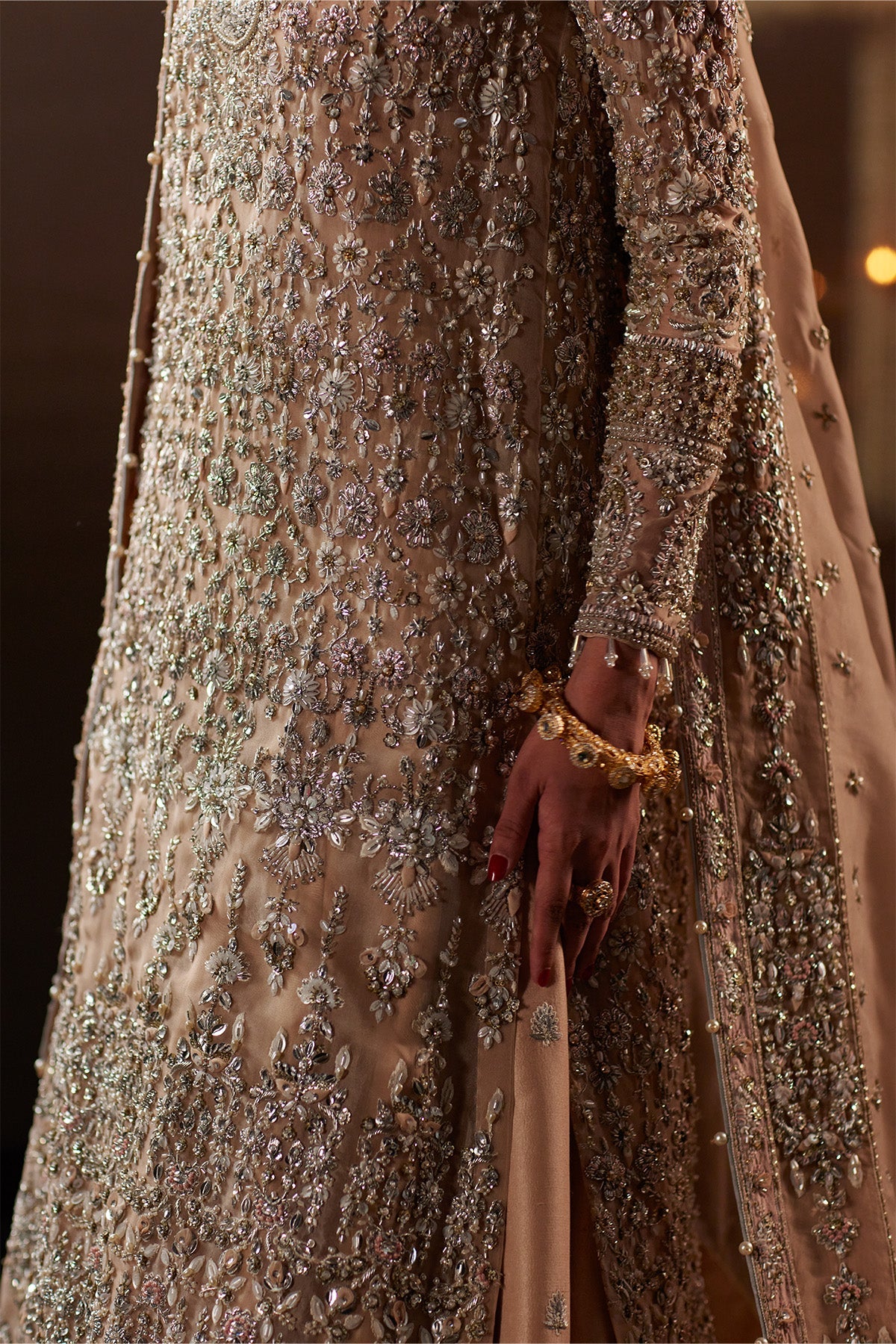 Saad Bin Shahzad Nour – peach zardozi long shirt with farshi lehenga from Chandni Bridal'26 – view 7