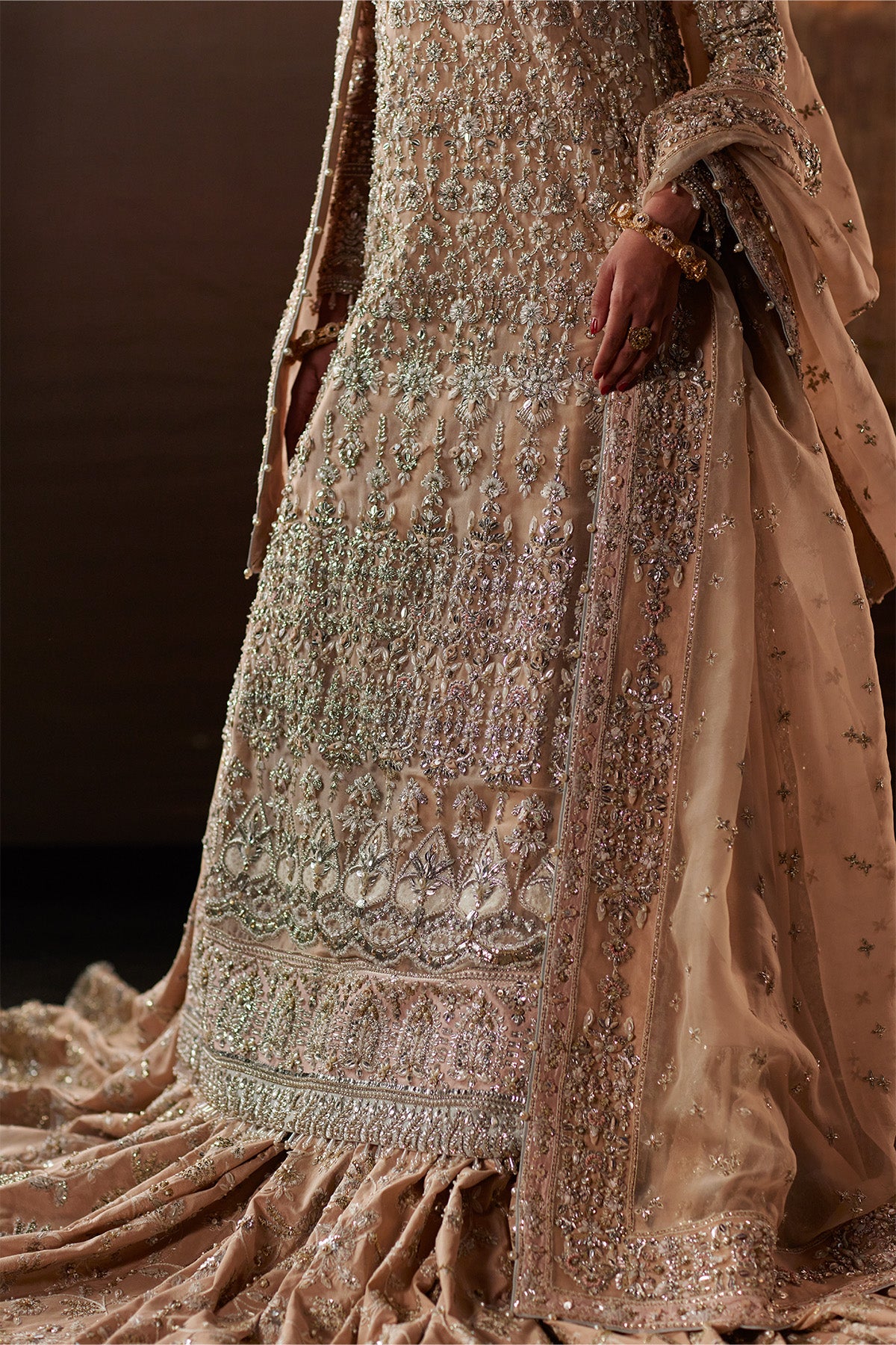 Saad Bin Shahzad Nour – peach zardozi long shirt with farshi lehenga from Chandni Bridal'26 – view 5