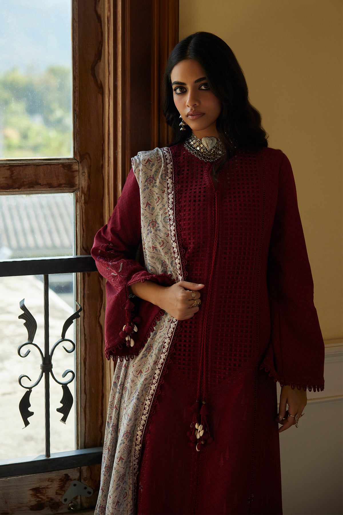 Saad Bin Shahzad Feeha – deep red cutwork lawn front-open kurta with printed silk dupatta from Summer Pret'26 – view 3