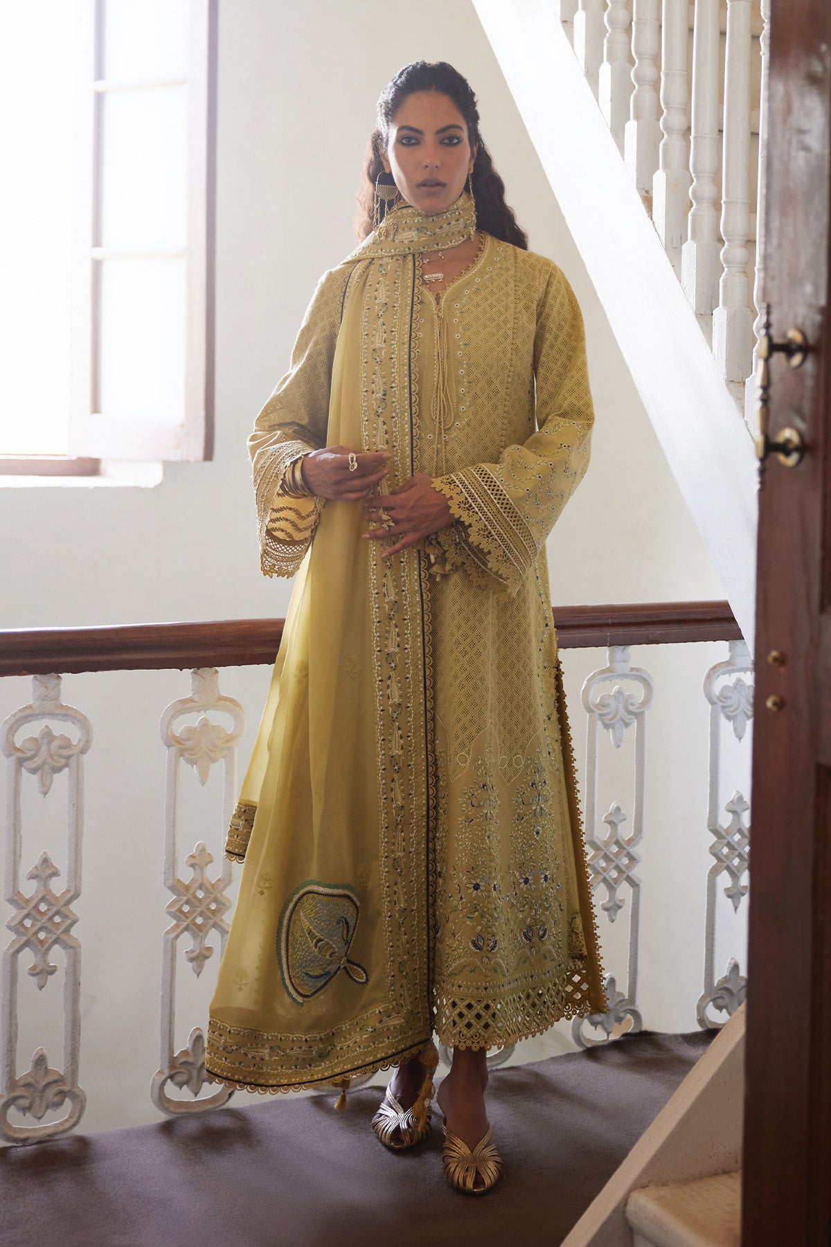 Saad Bin Shahzad Freya – pastel corn yellow boring-embroidered lawn kurta with culottes from Depalpur – view 5