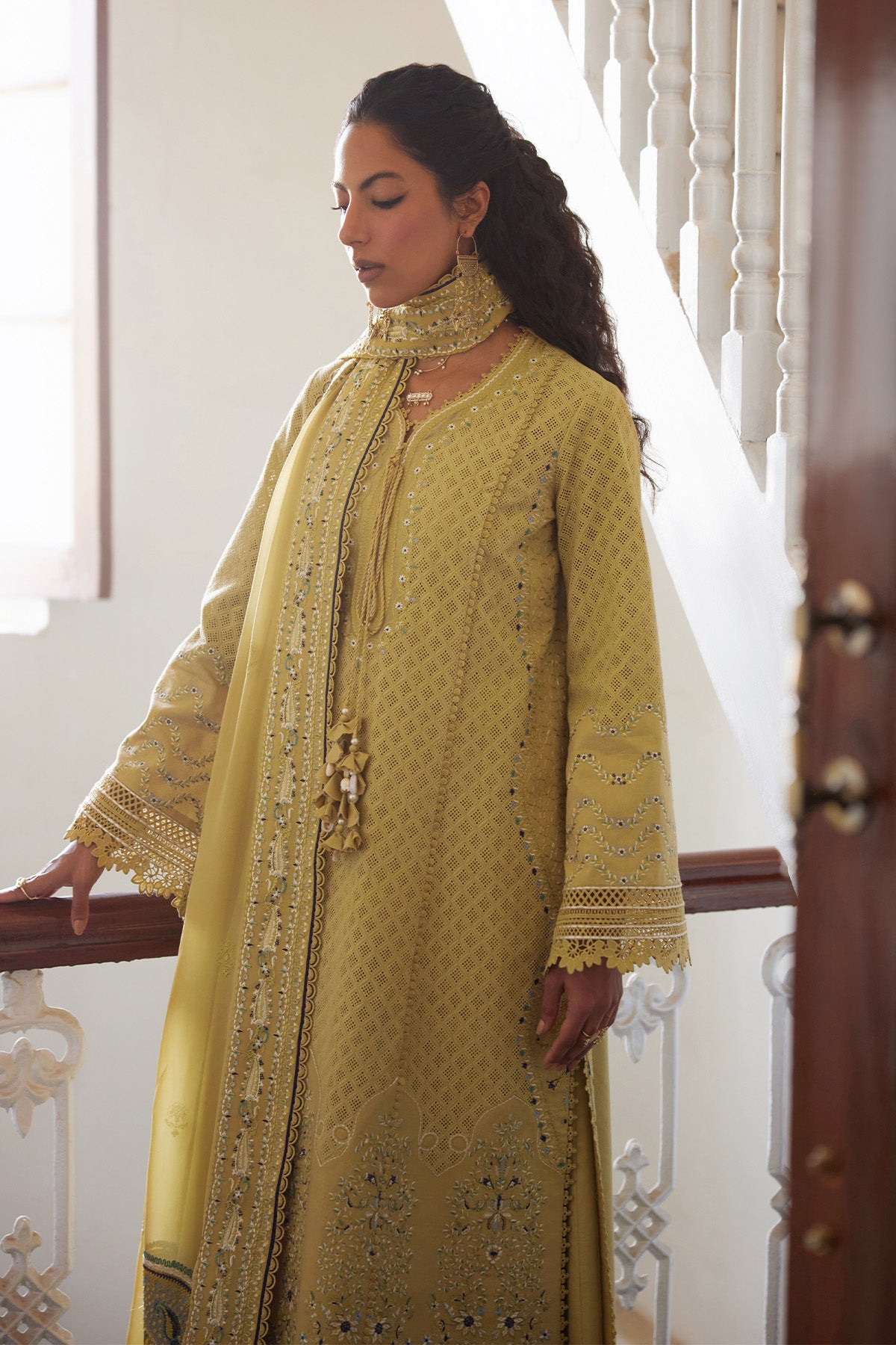 Saad Bin Shahzad Freya – pastel corn yellow boring-embroidered lawn kurta with culottes from Depalpur – view 6