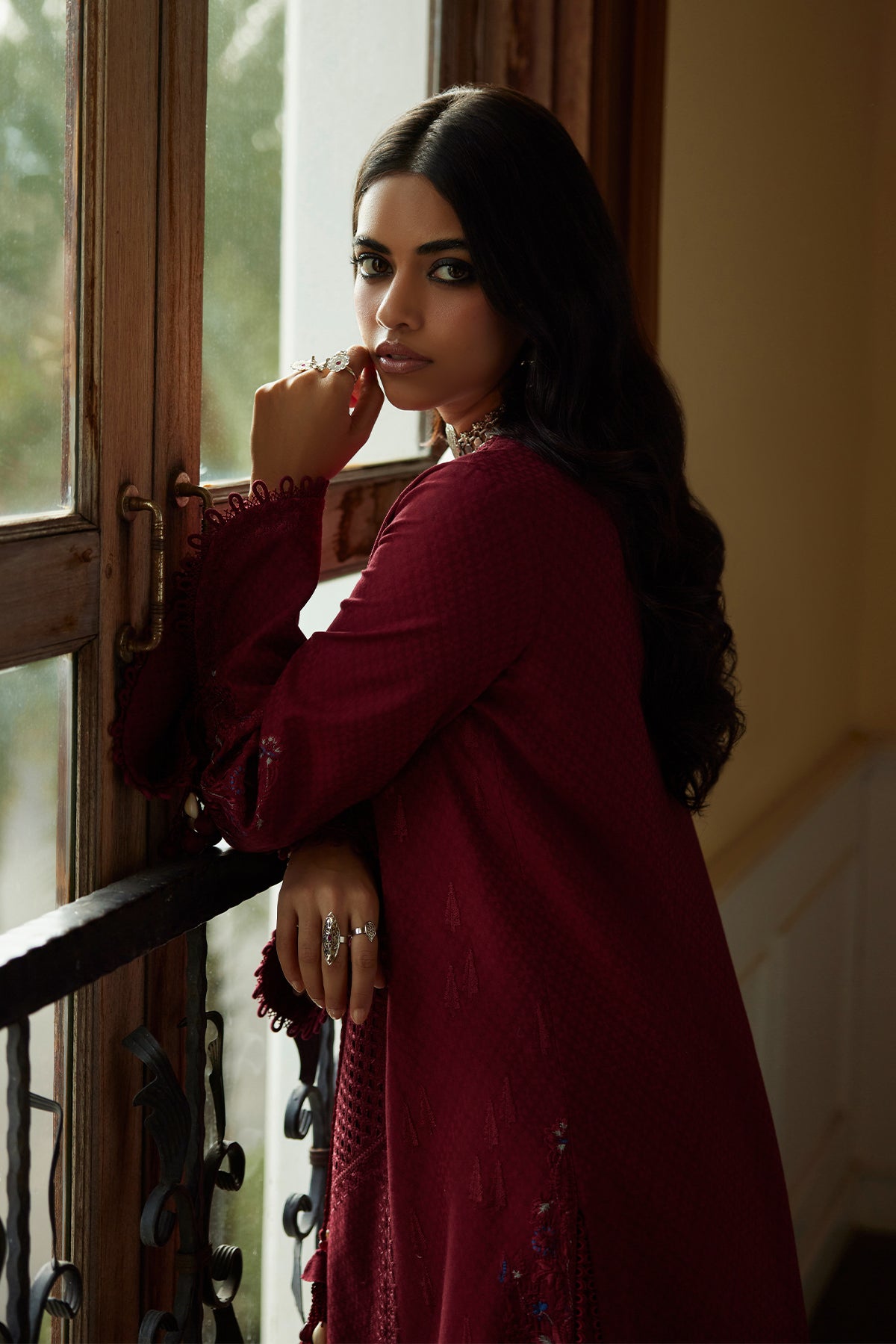 Saad Bin Shahzad Feeha – deep red cutwork lawn front-open kurta with printed silk dupatta from Summer Pret'26 – view 7