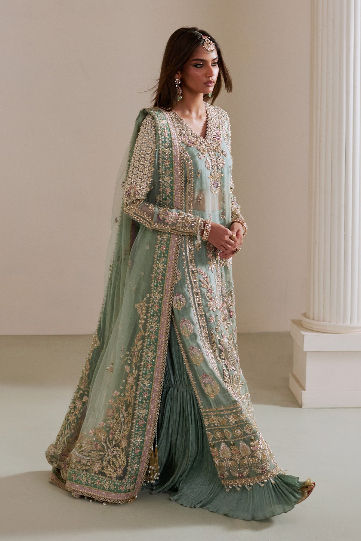 Saad Bin Shahzad Isla – turquoise resham and dabka embellished long shirt with sharara from Lolita'25 – view 2