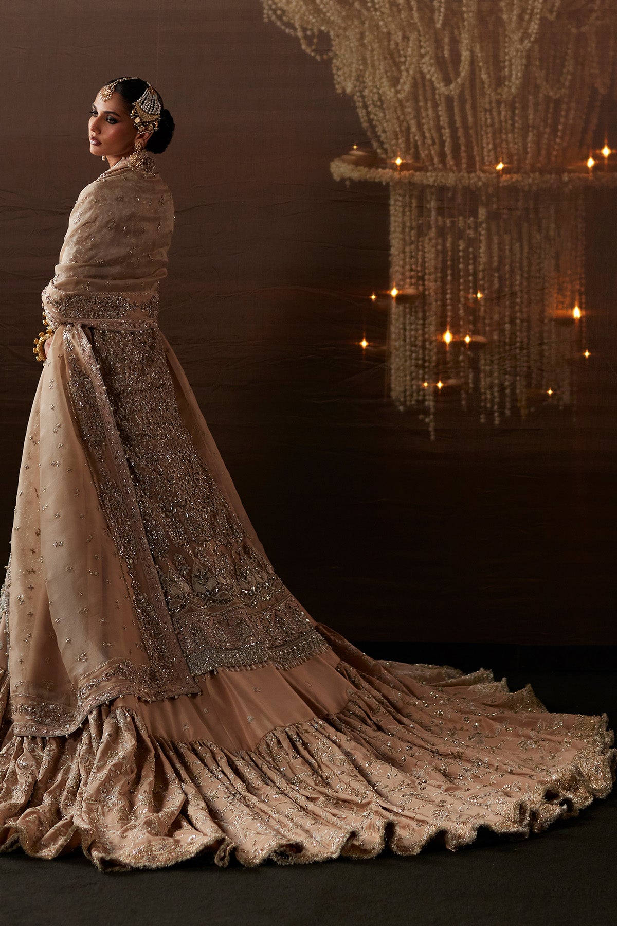 Saad Bin Shahzad Nour – peach zardozi long shirt with farshi lehenga from Chandni Bridal'26 – view 8