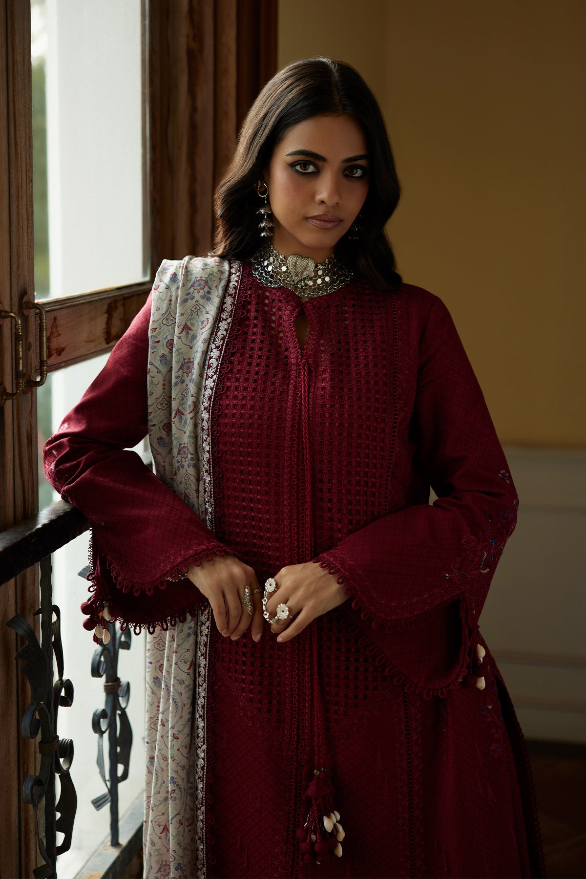 Saad Bin Shahzad Feeha – deep red cutwork lawn front-open kurta with printed silk dupatta from Summer Pret'26 – view 8