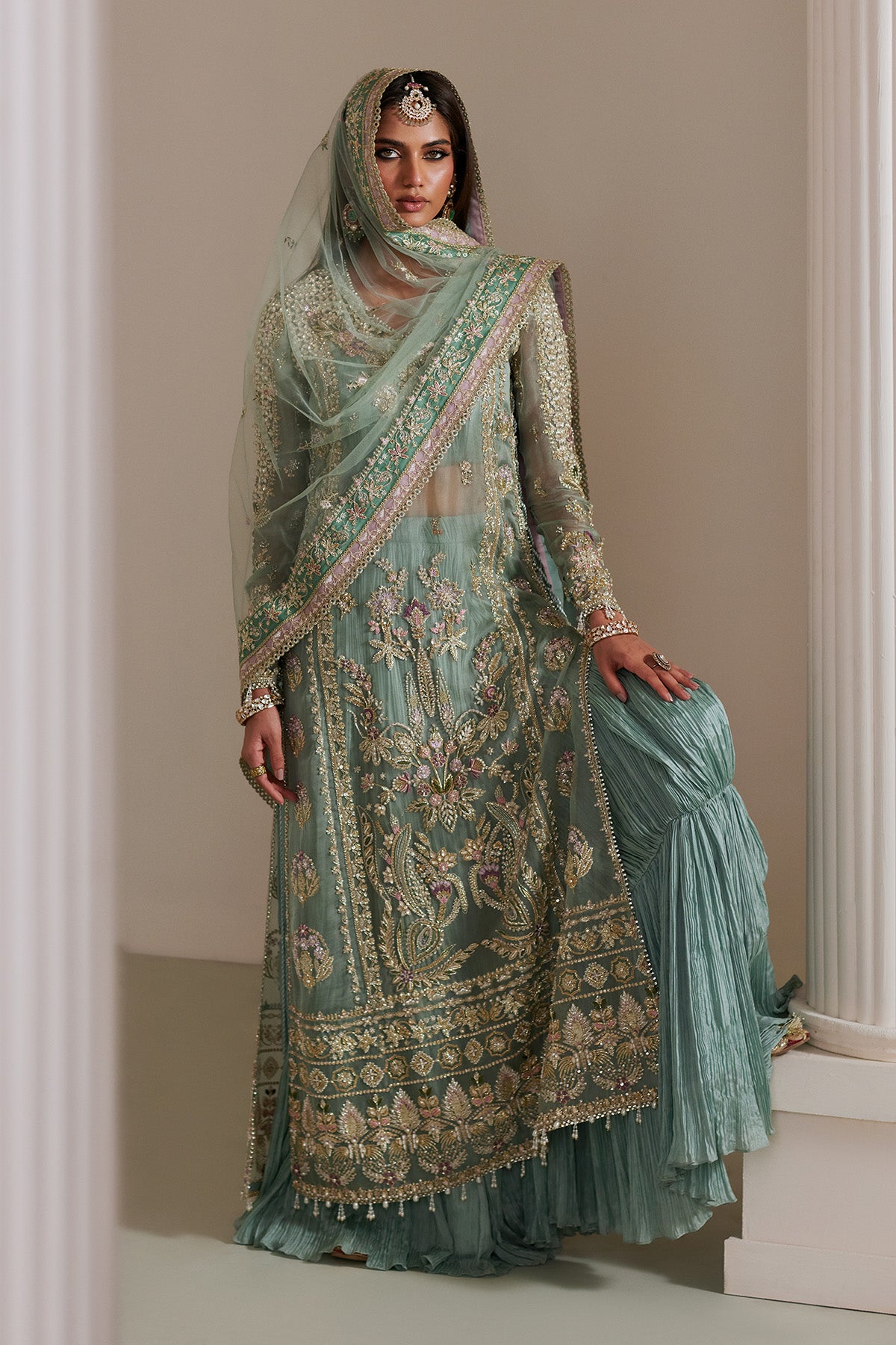 Saad Bin Shahzad Isla – turquoise resham and dabka embellished long shirt with sharara from Lolita'25 – view 6