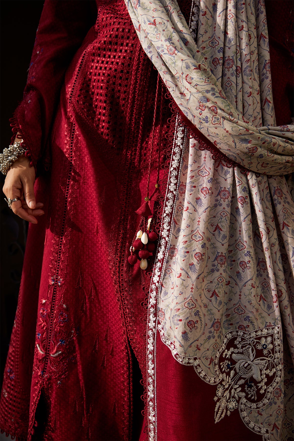 Saad Bin Shahzad Feeha – deep red cutwork lawn front-open kurta with printed silk dupatta from Summer Pret'26 – view 6