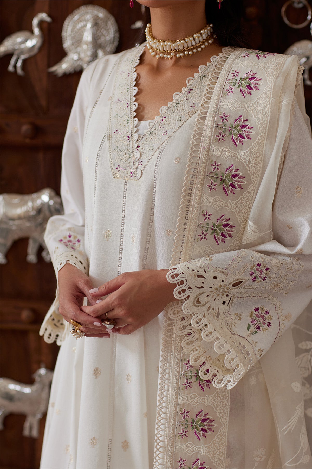 Saad Bin Shahzad Ember – off-white embroidered zari lawn kalidar with organza dupatta from Depalpur – view 3