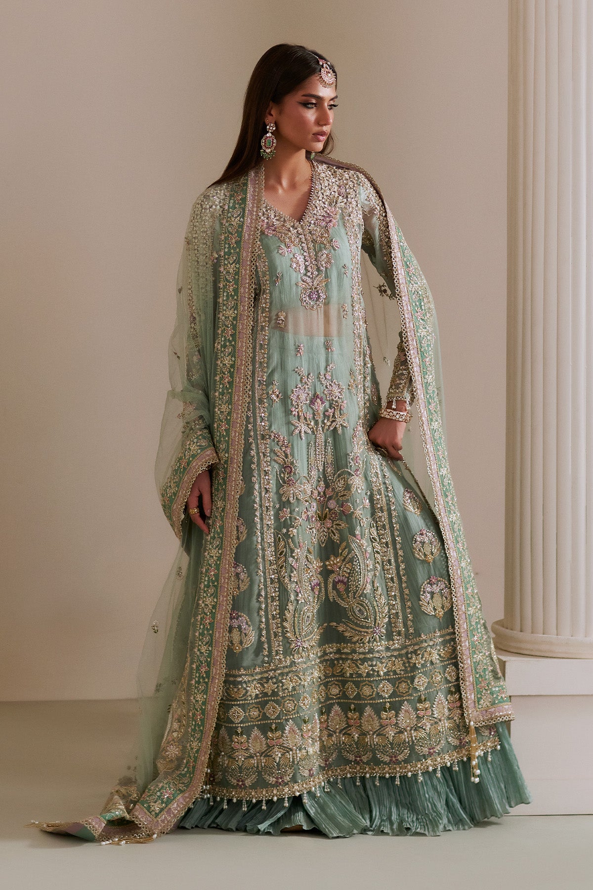 Saad Bin Shahzad Isla – turquoise resham and dabka embellished long shirt with sharara from Lolita'25