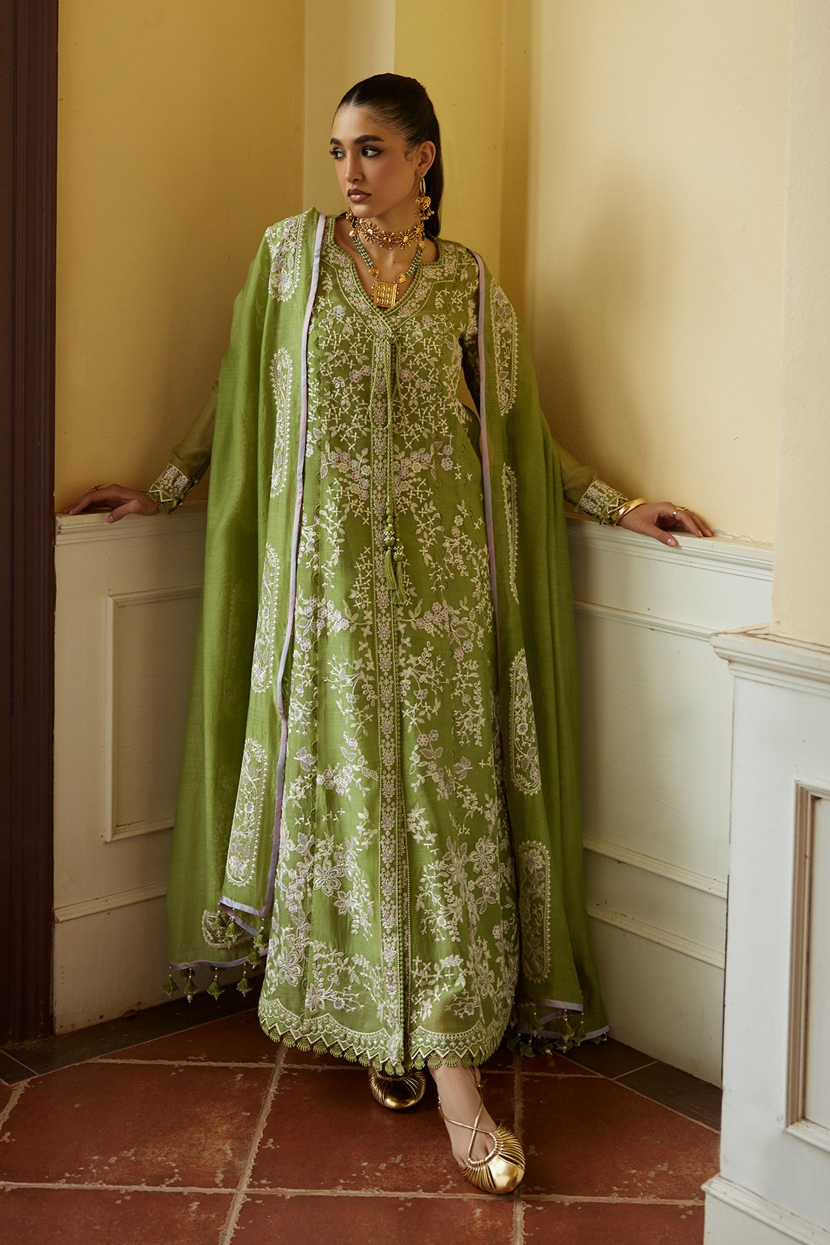 Saad Bin Shahzad Minha – pear green resham-embroidered paper lawn angrakha kurta from Summer Pret'26