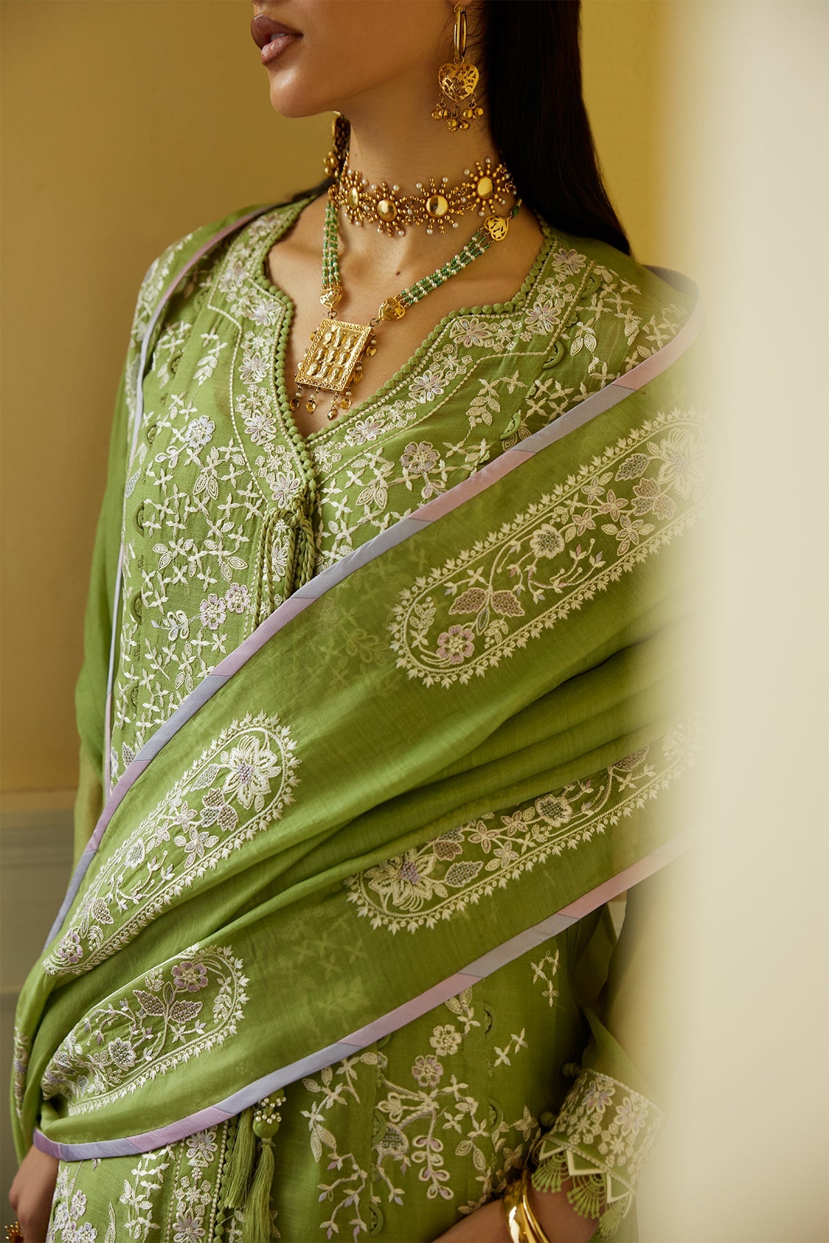 Saad Bin Shahzad Minha – pear green resham-embroidered paper lawn angrakha kurta from Summer Pret'26 – view 3
