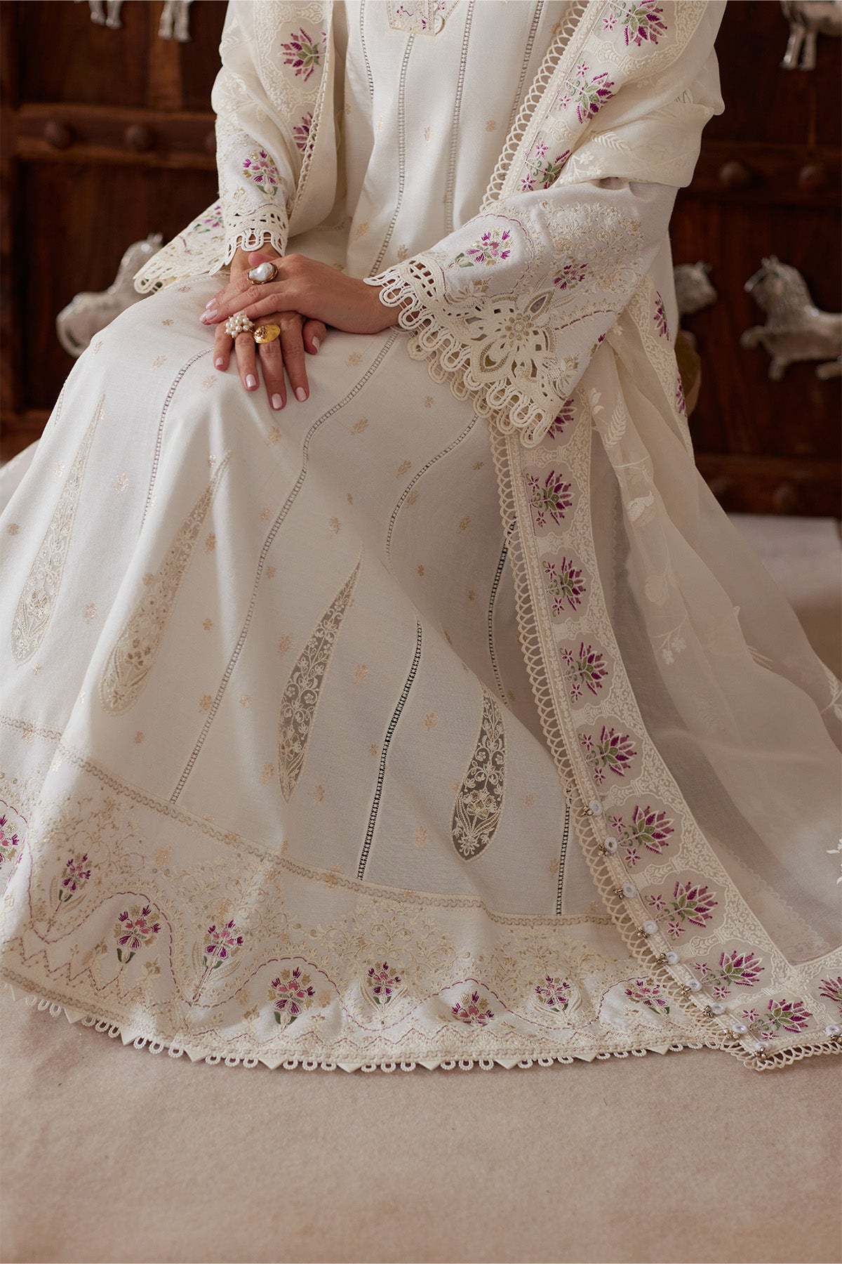 Saad Bin Shahzad Ember – off-white embroidered zari lawn kalidar with organza dupatta from Depalpur – view 6