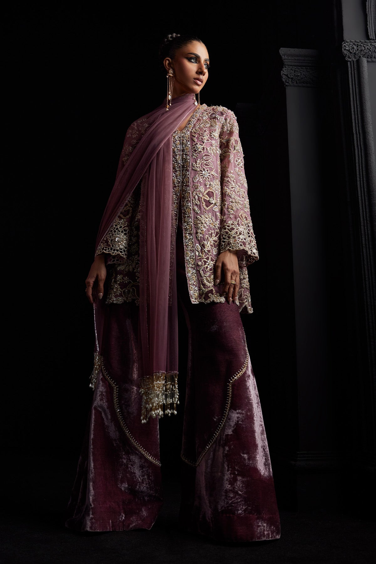 Saad Bin Shahzad Maram – rosewood embroidered jacket with velvet trousers from Chandni Bridal'26